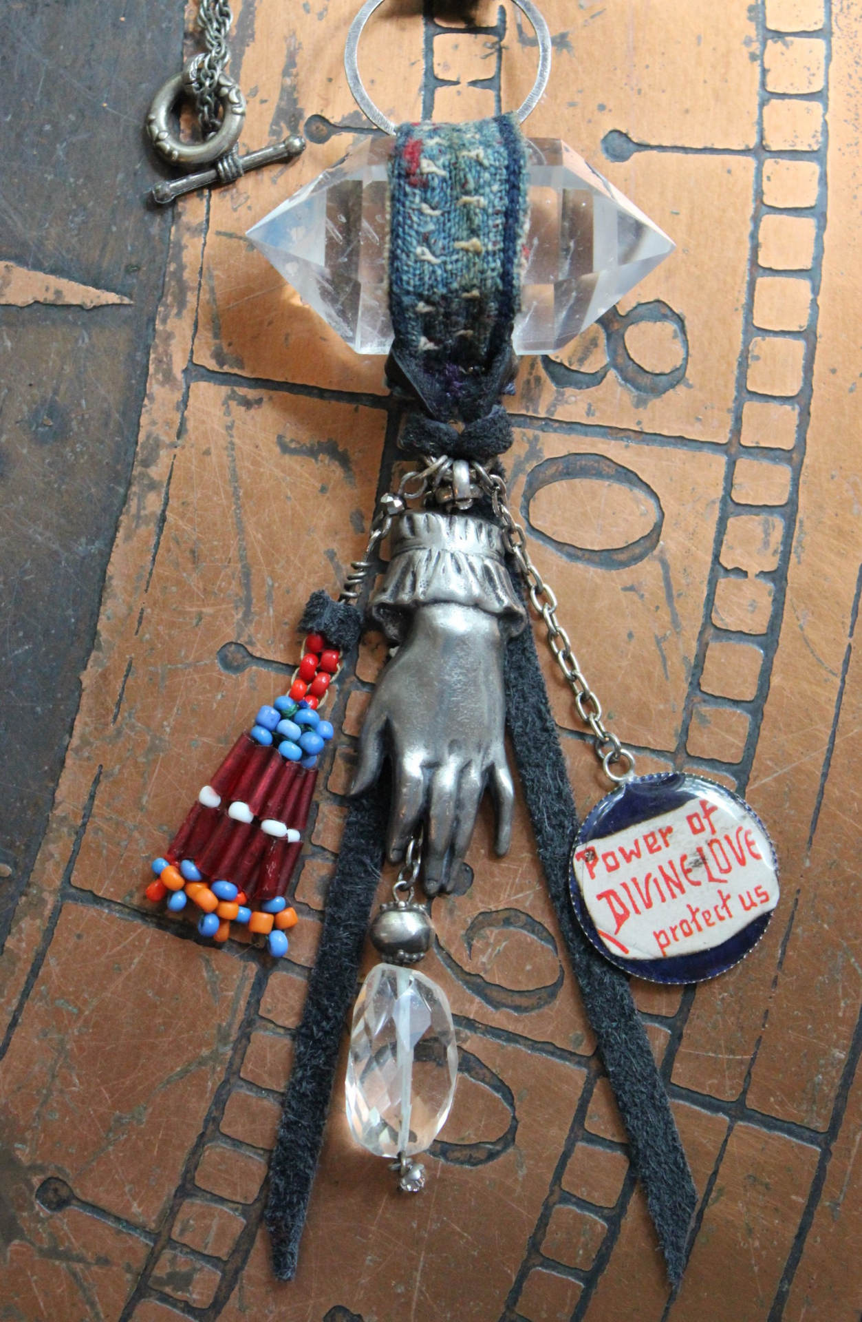 Divine Love Necklace with Double Terminated Clear Rock Quartz Crystal,Figural Hand with Sacred Heart,Antique Beaded Tassel,Divine Love Finding,Indigo Leather