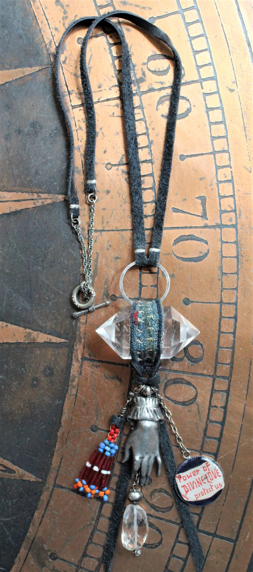 Divine Love Necklace with Double Terminated Clear Rock Quartz Crystal,Figural Hand with Sacred Heart,Antique Beaded Tassel,Divine Love Finding,Indigo Leather