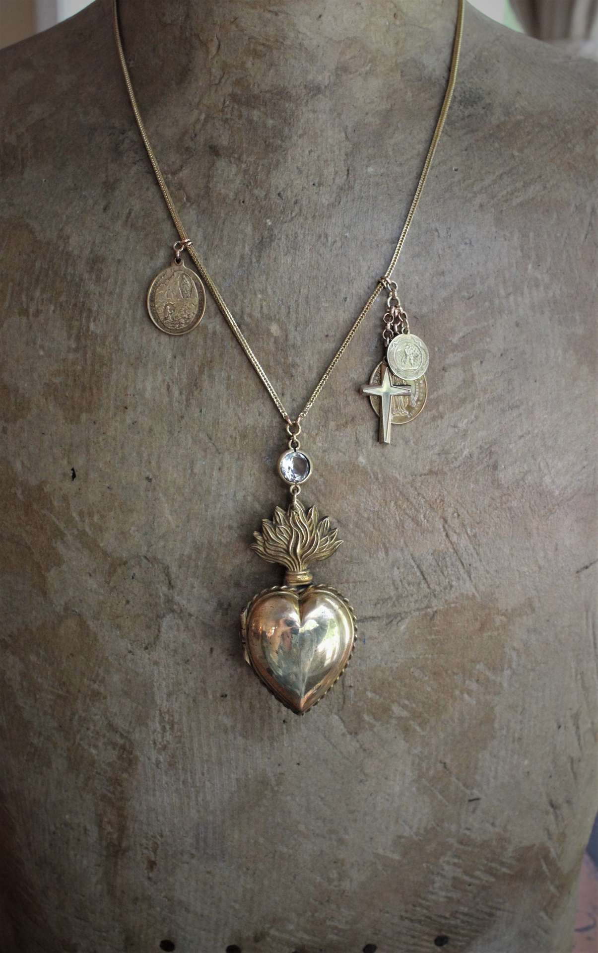 Rare Antique French Flaming Ex Voto Heart Locket Necklace with Rare Small Antique French Penin Lyon Guardian Angel Medal,Antique Cross,Bezel Set Rock Crystal, and Foxtail Chain