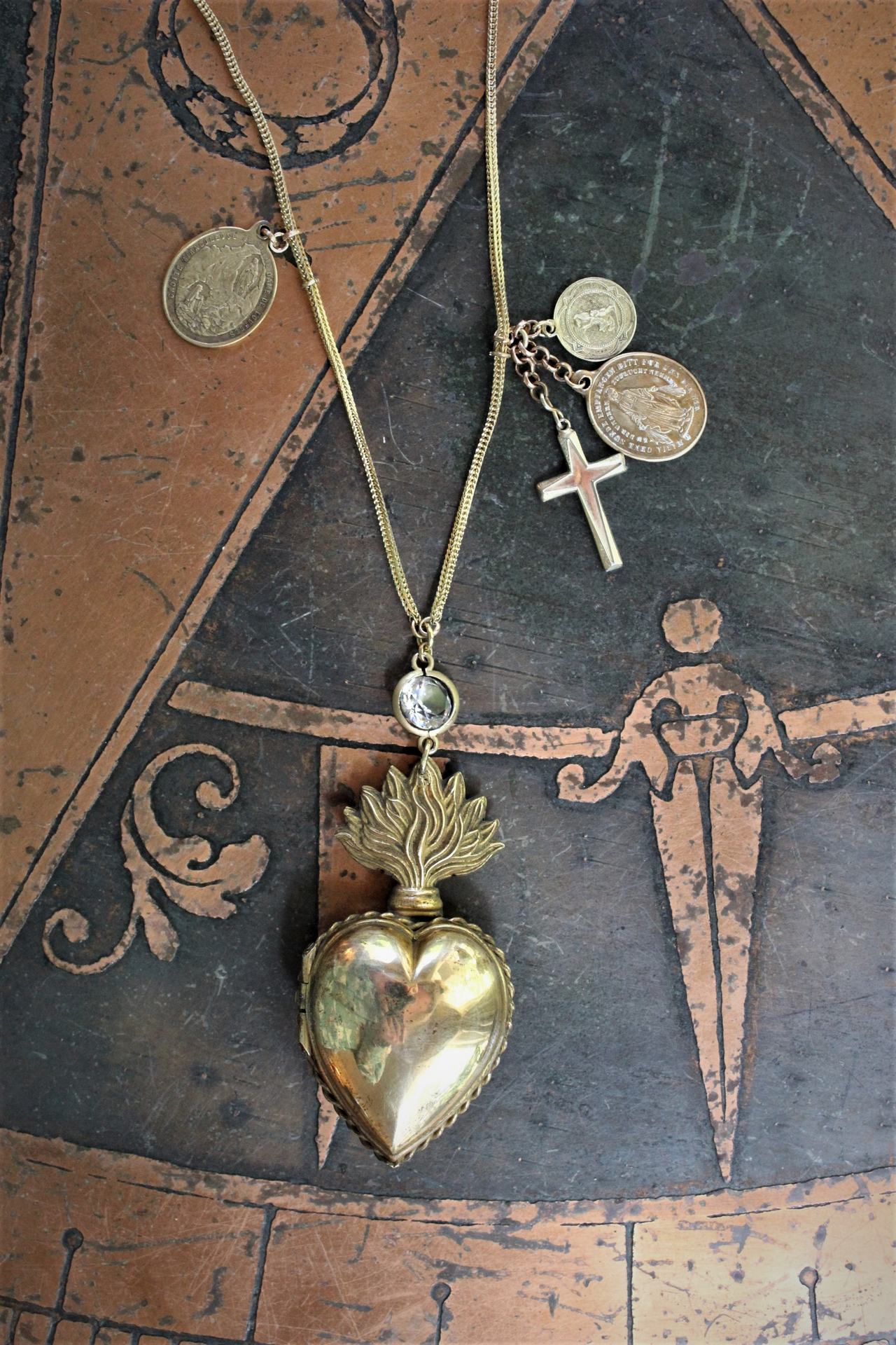 Rare Antique French Flaming Ex Voto Heart Locket Necklace with Rare Small Antique French Penin Lyon Guardian Angel Medal,Antique Cross,Bezel Set Rock Crystal, and Foxtail Chain