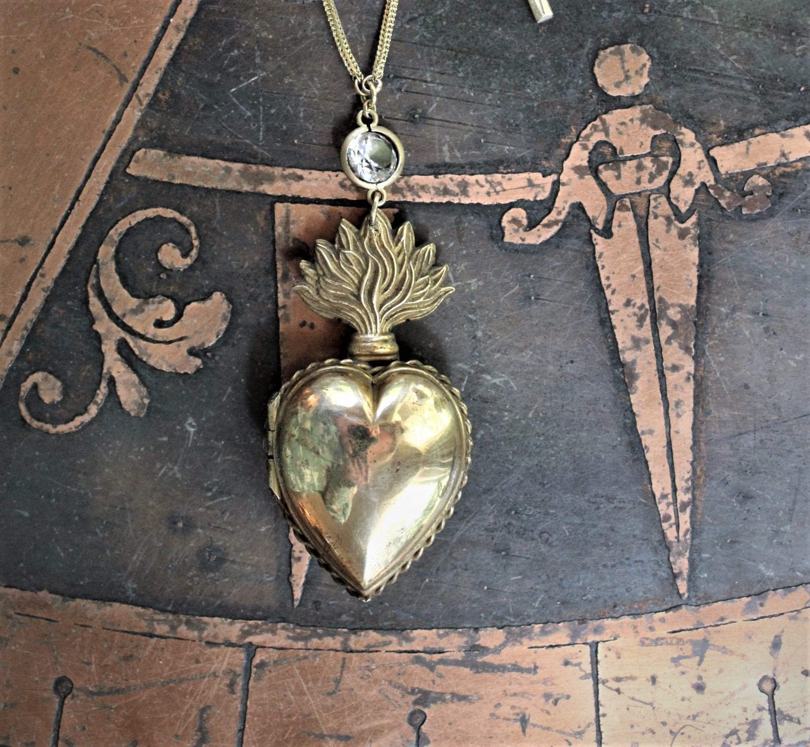 Rare Antique French Flaming Ex Voto Heart Locket Necklace with Rare Small Antique French Penin Lyon Guardian Angel Medal,Antique Cross,Bezel Set Rock Crystal, and Foxtail Chain