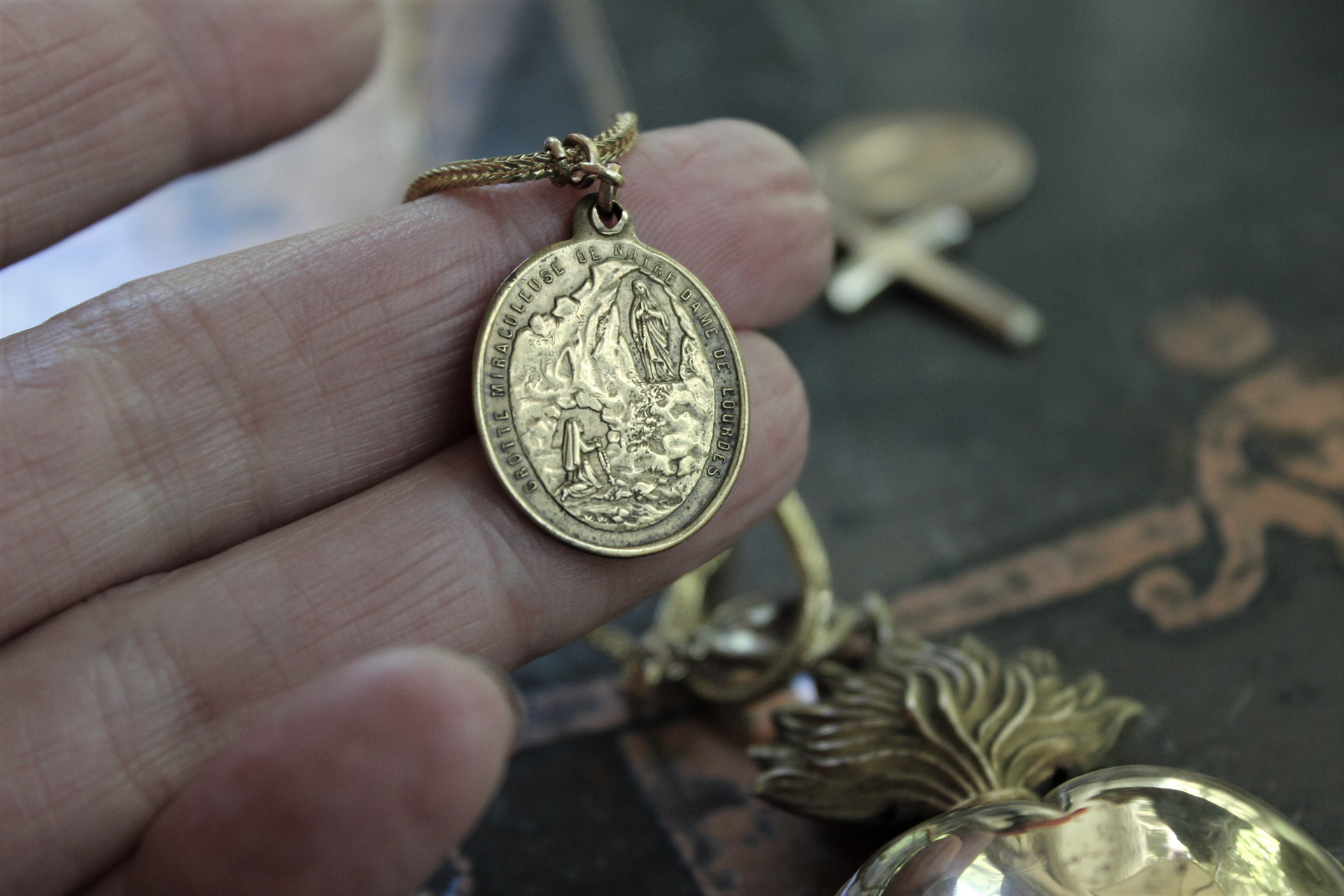 Rare Antique French Flaming Ex Voto Heart Locket Necklace with Rare Small Antique French Penin Lyon Guardian Angel Medal,Antique Cross,Bezel Set Rock Crystal, and Foxtail Chain