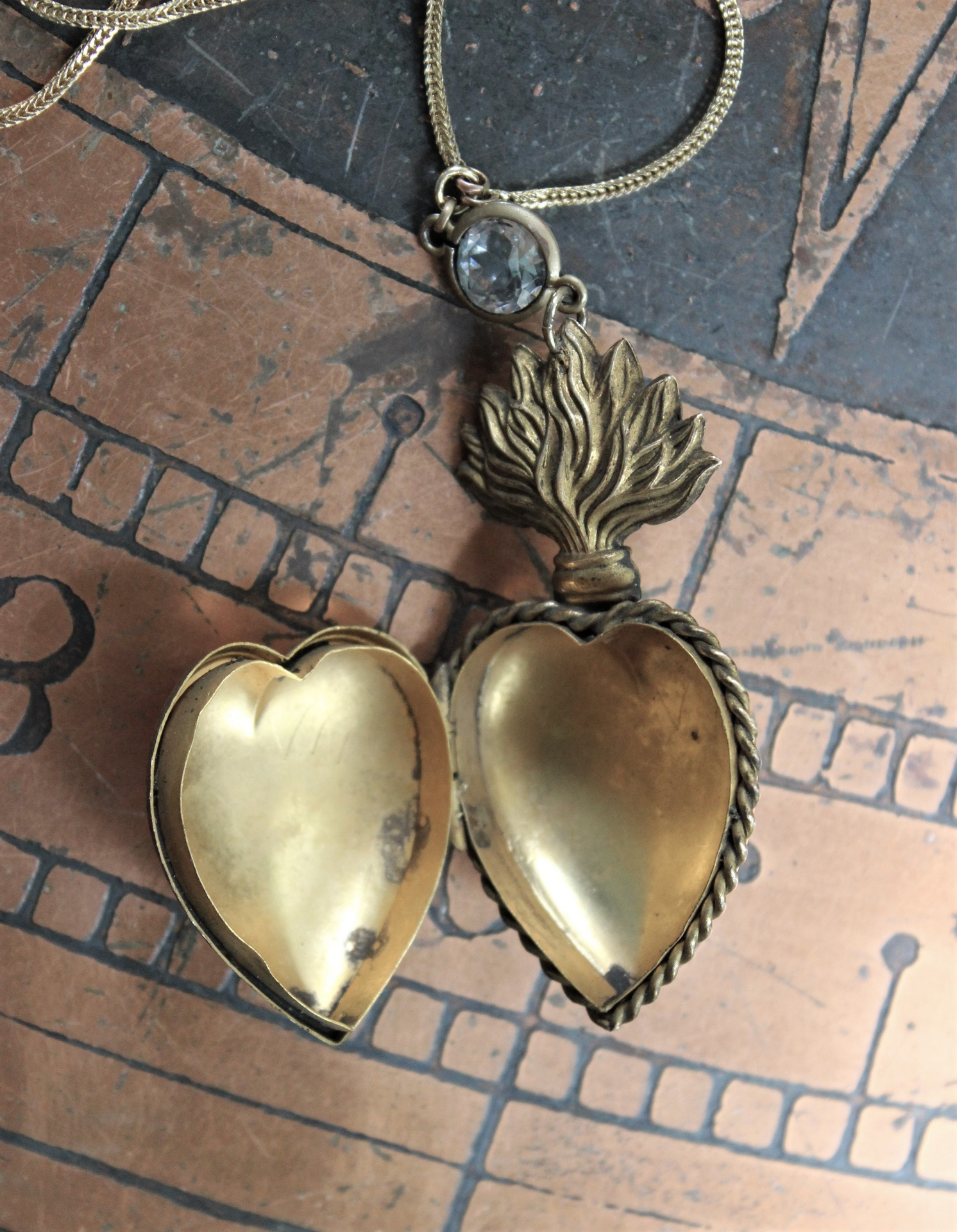 Rare Antique French Flaming Ex Voto Heart Locket Necklace with Rare Small Antique French Penin Lyon Guardian Angel Medal,Antique Cross,Bezel Set Rock Crystal, and Foxtail Chain