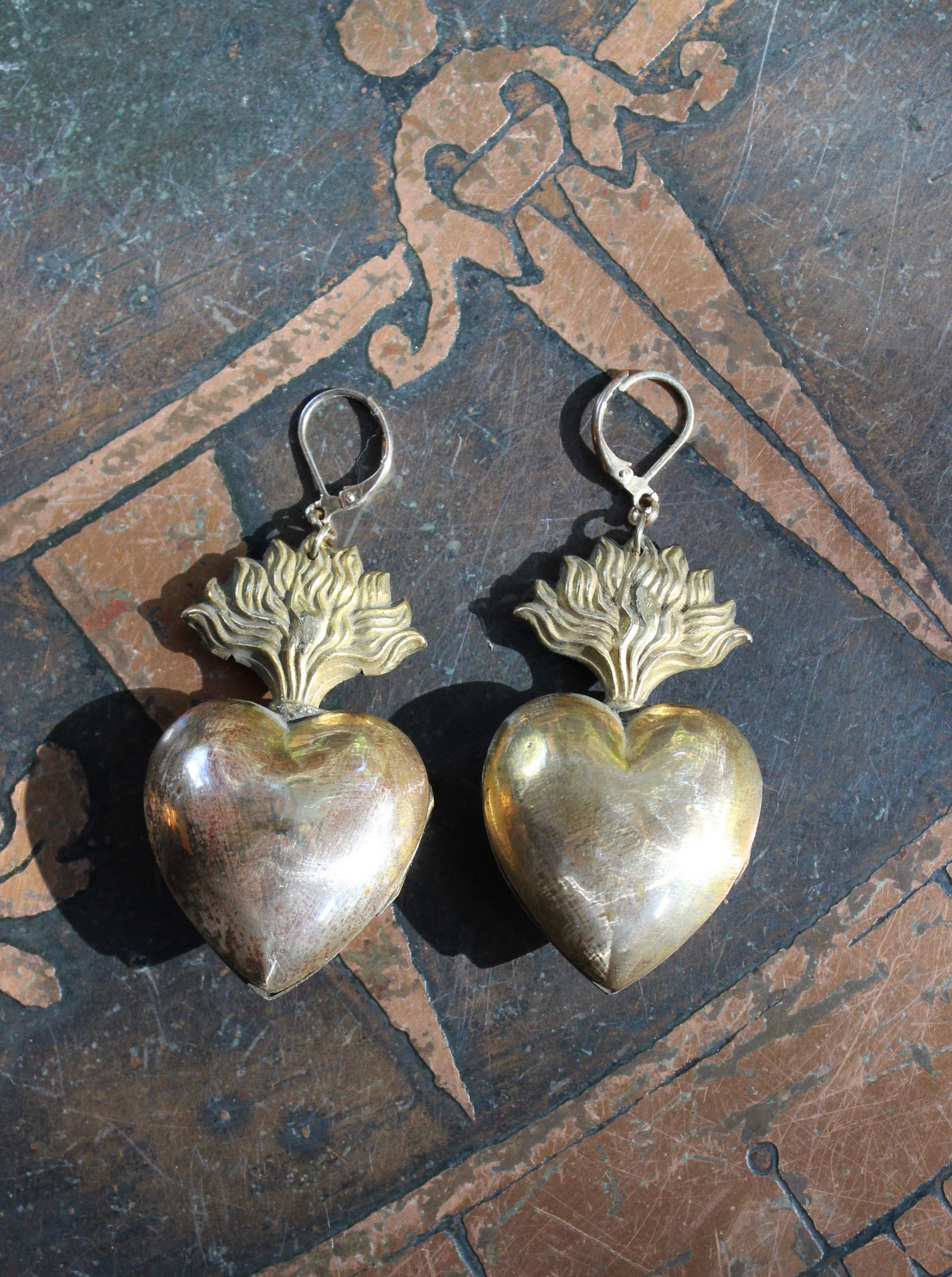 Petit Antique French Engraved Saint Anne and Mary Flaming Heart Ex Voto Locket Earrings