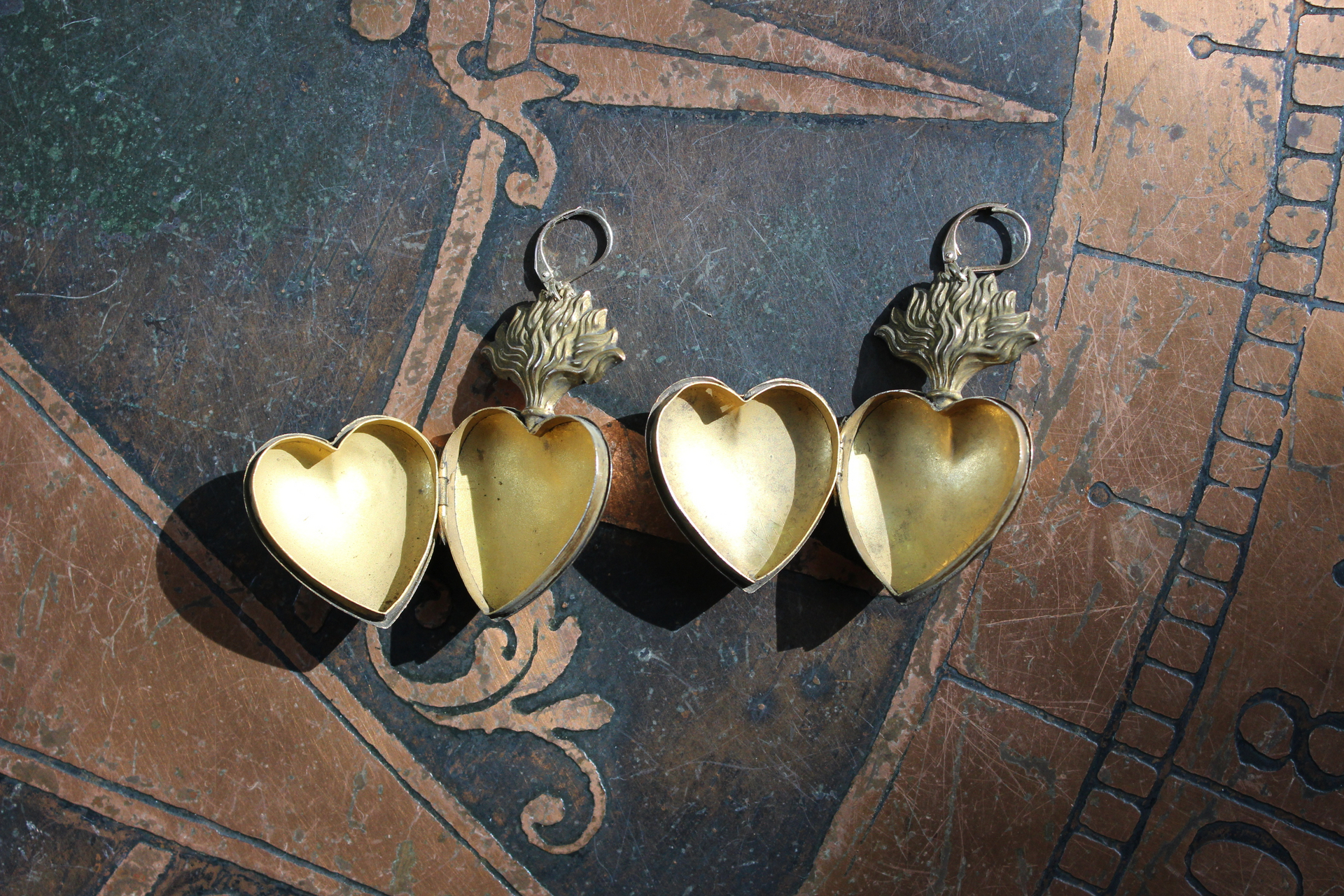 Petit Antique French Engraved Saint Anne and Mary Flaming Heart Ex Voto Locket Earrings