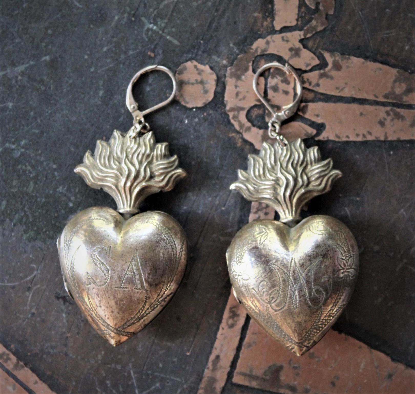 Petit Antique French Engraved Saint Anne and Mary Flaming Heart Ex Voto Locket Earrings