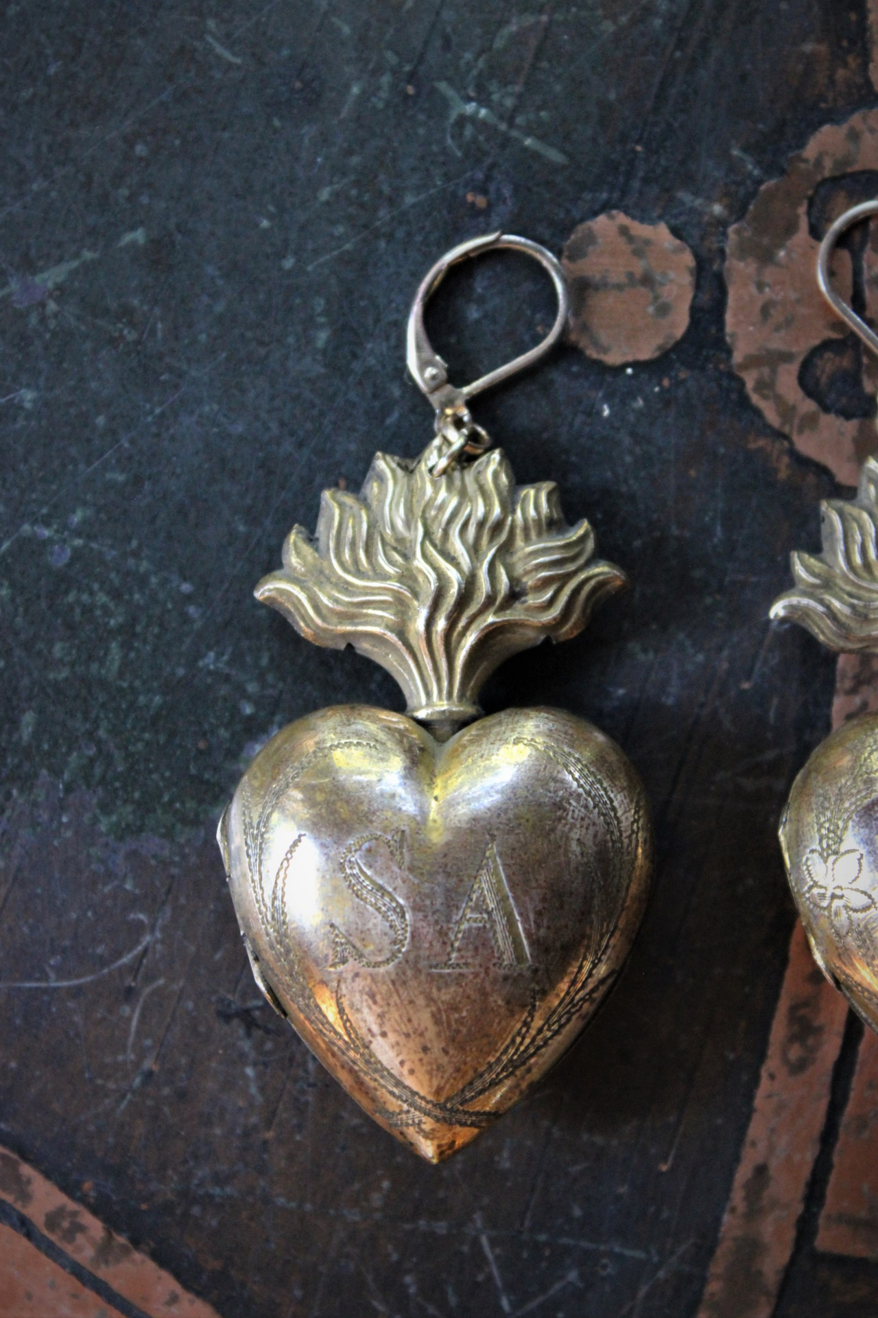 Petit Antique French Engraved Saint Anne and Mary Flaming Heart Ex Voto Locket Earrings