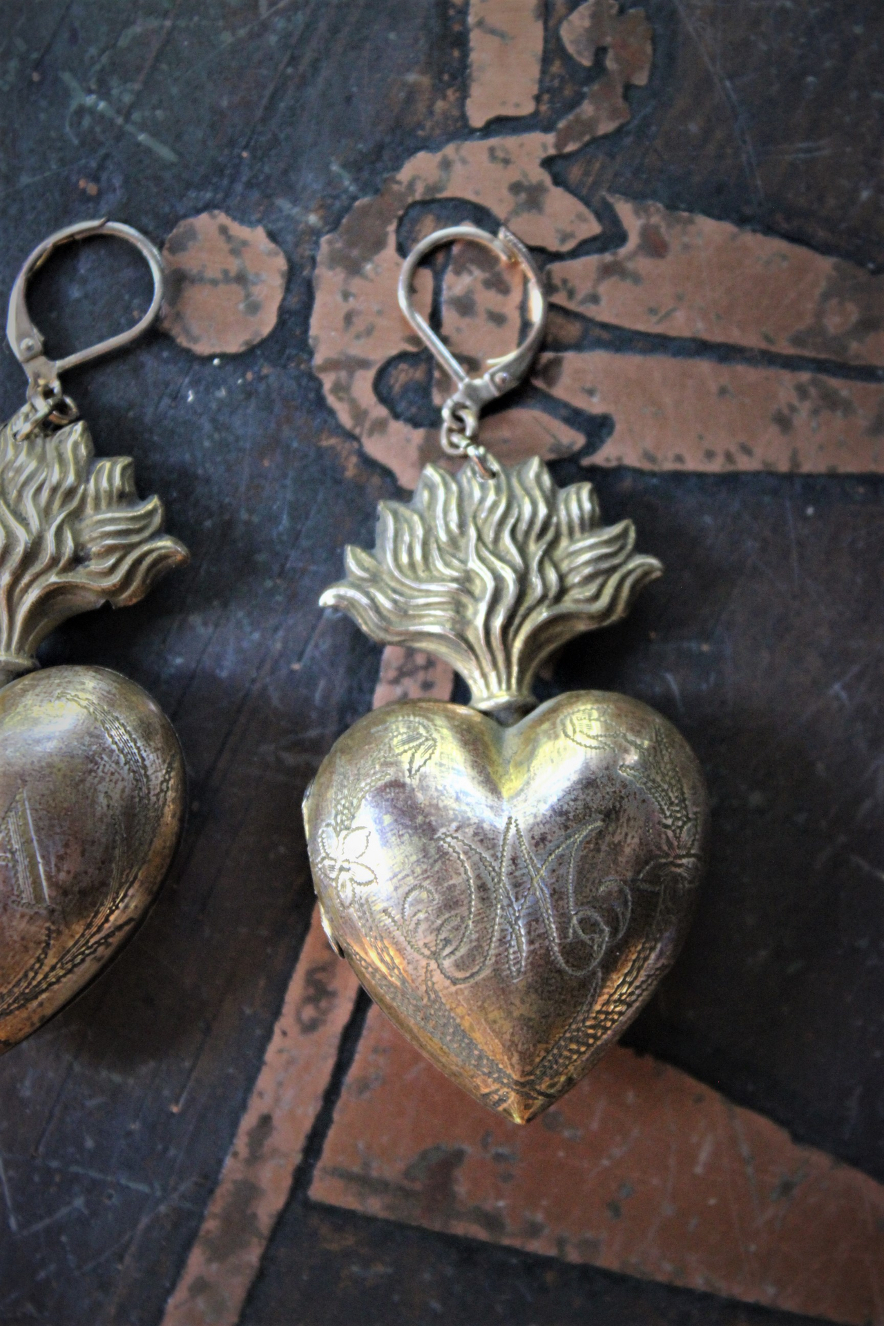 Petit Antique French Engraved Saint Anne and Mary Flaming Heart Ex Voto Locket Earrings