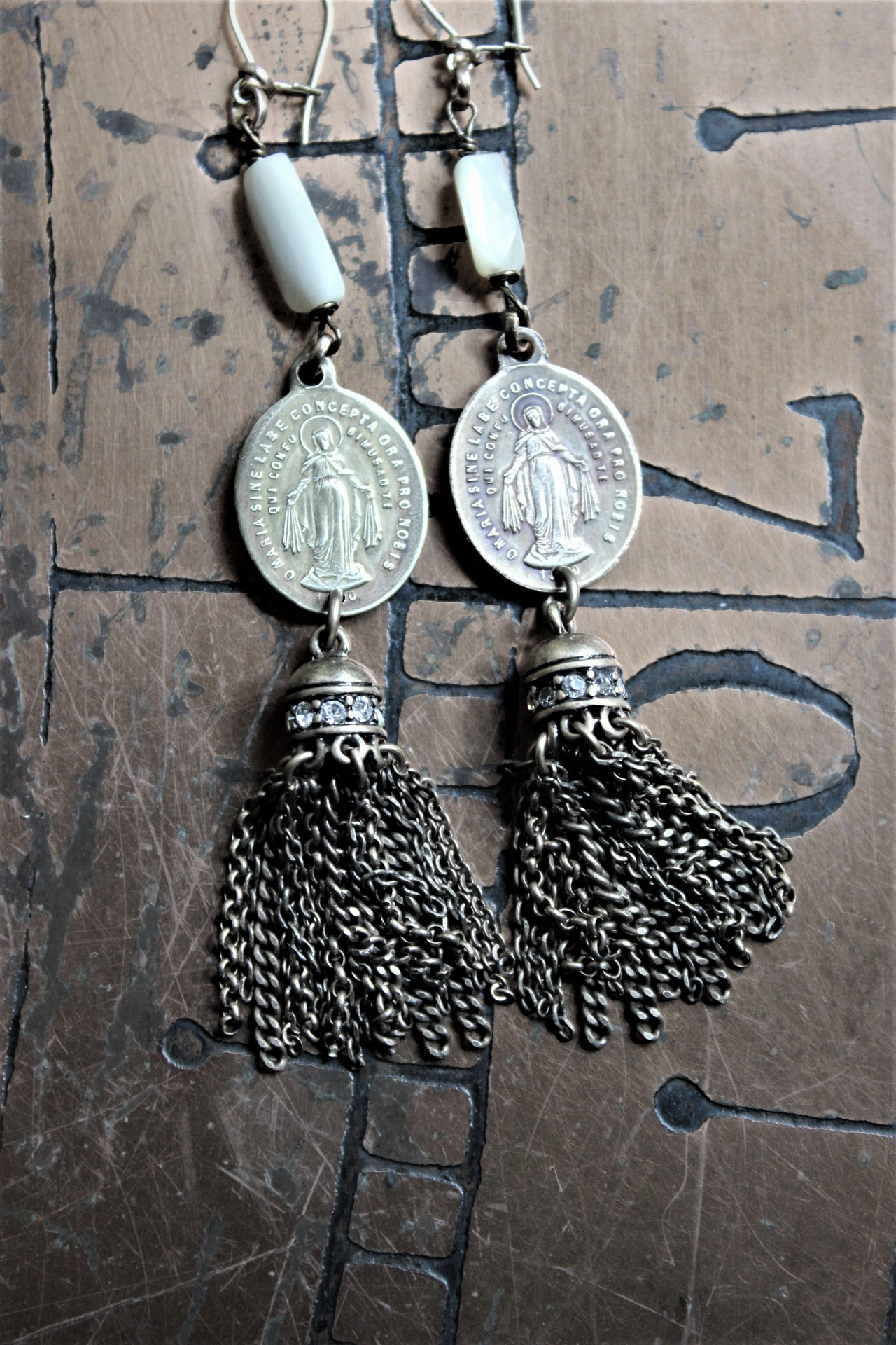 With Me Necklace Set w/Antique French Engraved Saint Anne Ex Voto Locket, Antique French Immaculate Mary Medals,Antique MOP Chain, Antique Chain Tassels