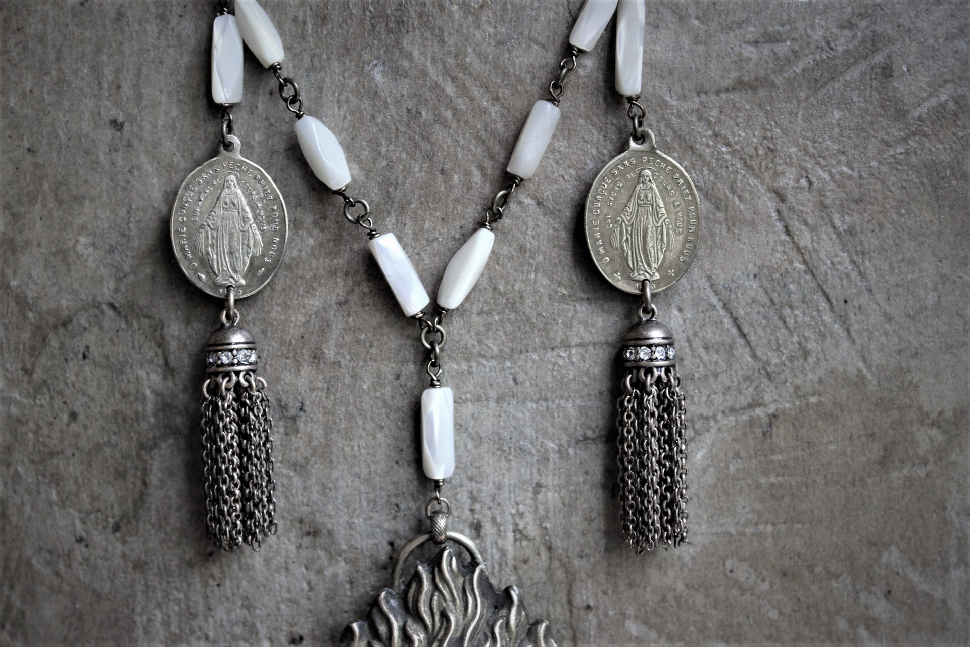With Me Necklace Set w/Antique French Engraved Saint Anne Ex Voto Locket, Antique French Immaculate Mary Medals,Antique MOP Chain, Antique Chain Tassels