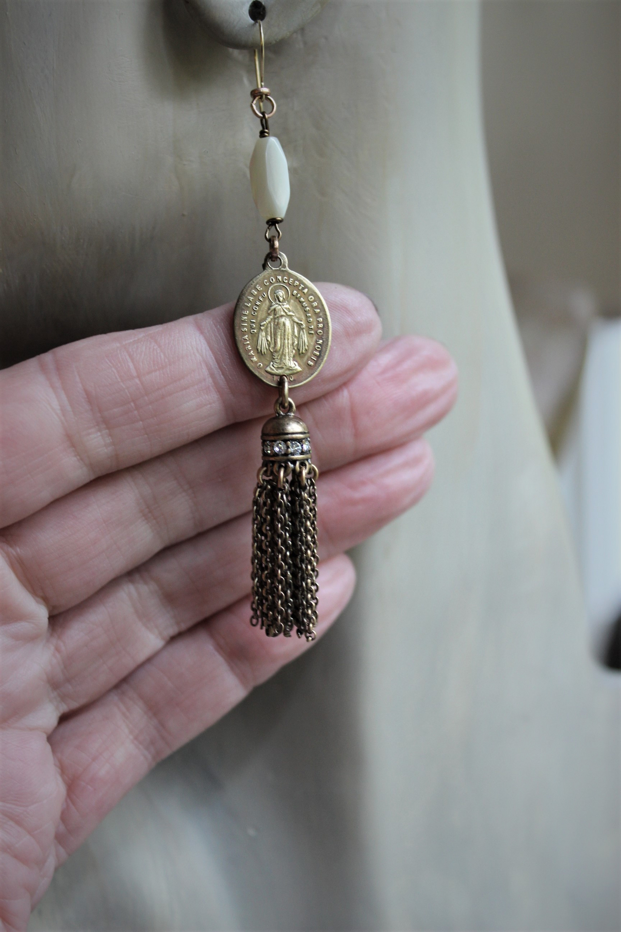 With Me Necklace Set w/Antique French Engraved Saint Anne Ex Voto Locket, Antique French Immaculate Mary Medals,Antique MOP Chain, Antique Chain Tassels