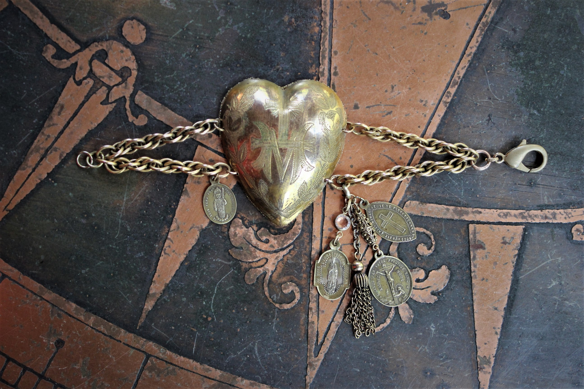 Antique French Engraved Ex Voto Heart Bracelet with Rare Antique French Medals,Bezel Set Faceted Crystal Connector,Antique Chain Tassel