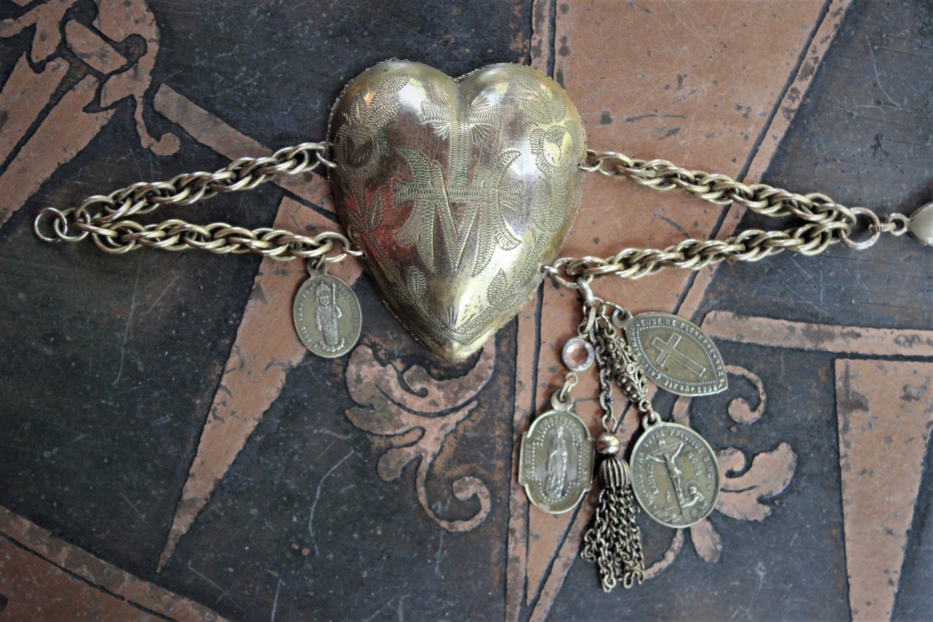 Antique French Engraved Ex Voto Heart Bracelet with Rare Antique French Medals,Bezel Set Faceted Crystal Connector,Antique Chain Tassel