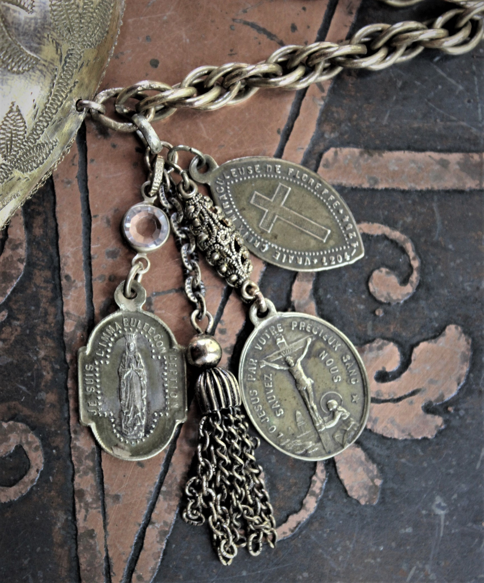 Antique French Engraved Ex Voto Heart Bracelet with Rare Antique French Medals,Bezel Set Faceted Crystal Connector,Antique Chain Tassel