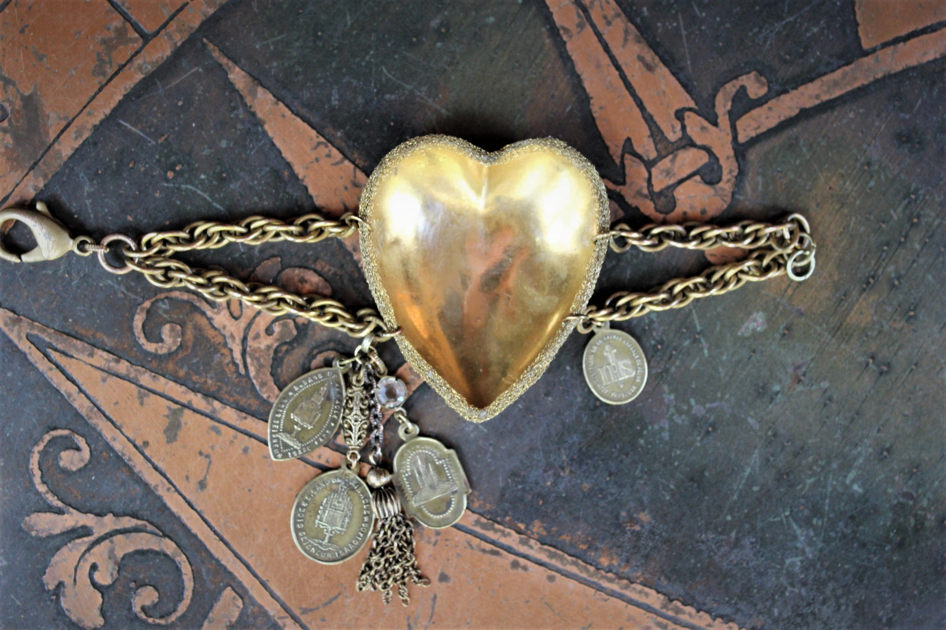 Antique French Engraved Ex Voto Heart Bracelet with Rare Antique French Medals,Bezel Set Faceted Crystal Connector,Antique Chain Tassel