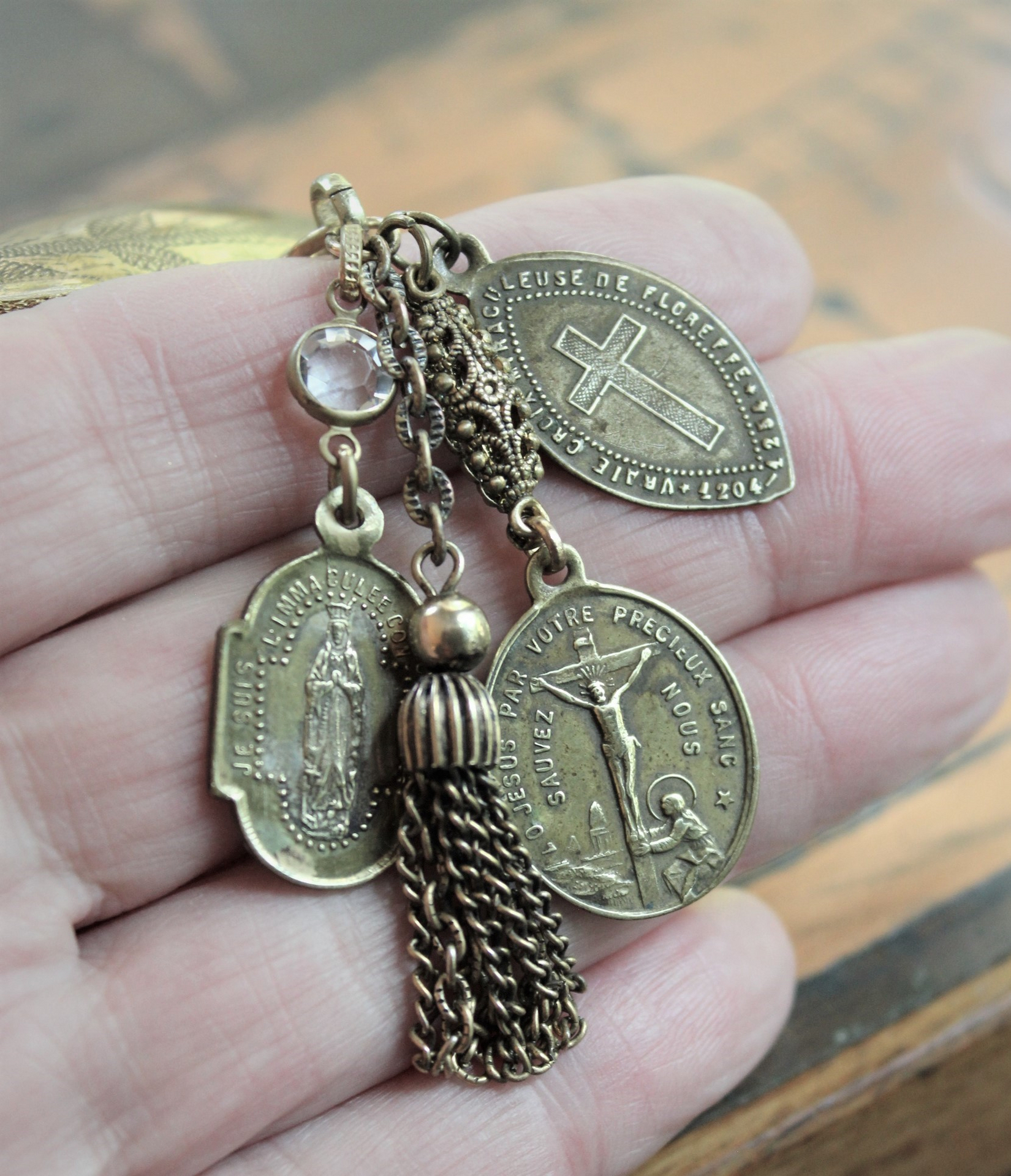 Antique French Engraved Ex Voto Heart Bracelet with Rare Antique French Medals,Bezel Set Faceted Crystal Connector,Antique Chain Tassel