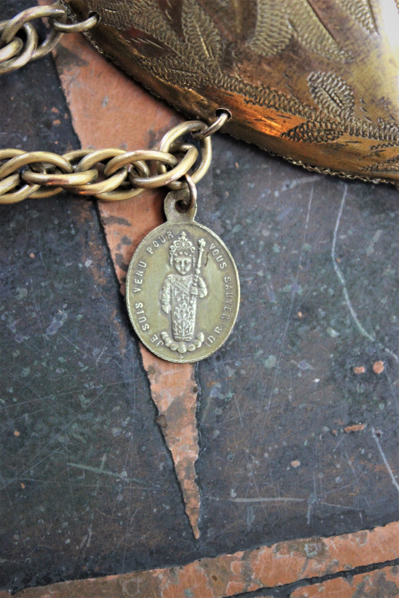 Antique French Engraved Ex Voto Heart Bracelet with Rare Antique French Medals,Bezel Set Faceted Crystal Connector,Antique Chain Tassel