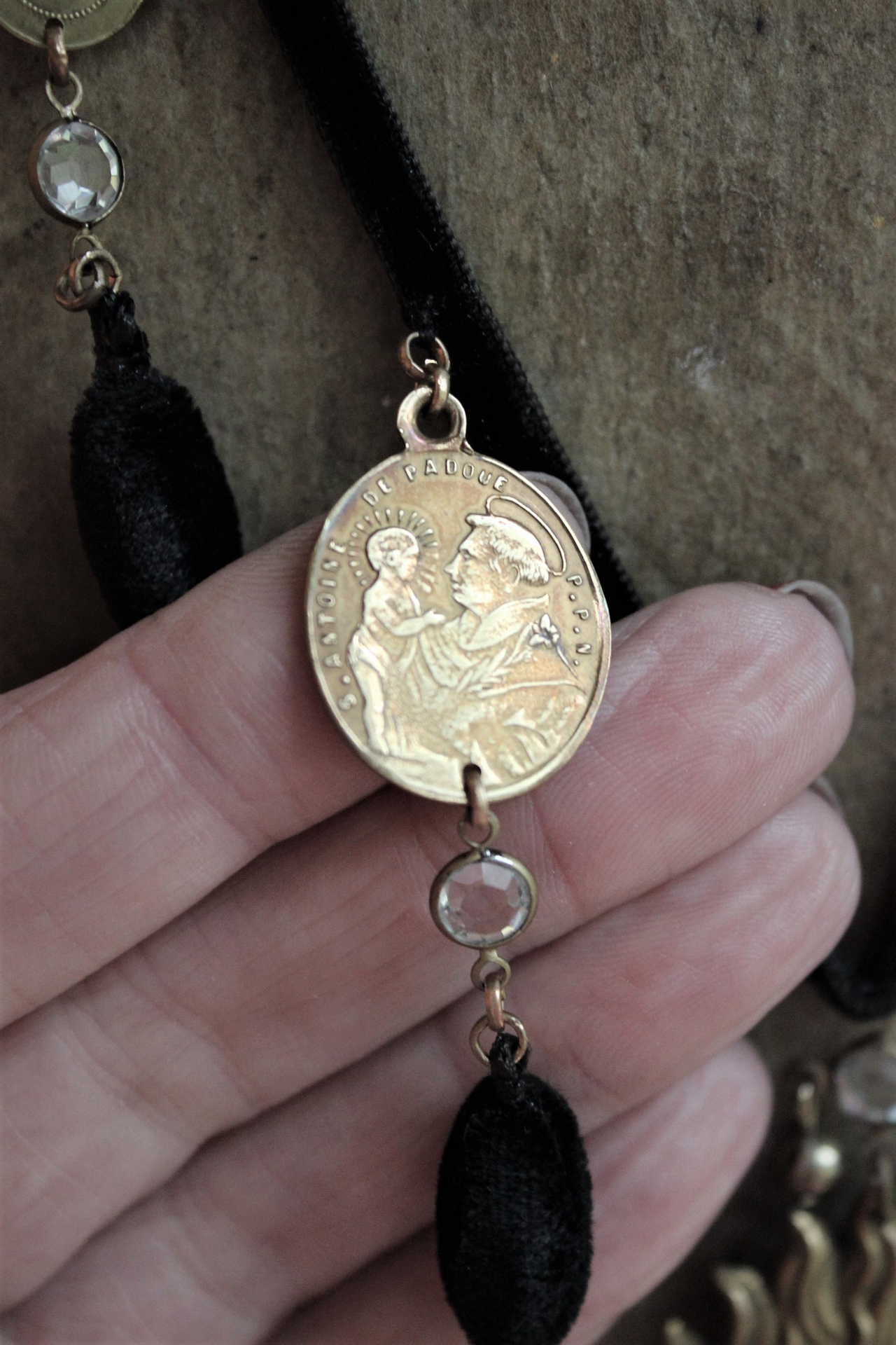 Antique French Engraved St. Anthony of Padua Ex Voto Heart Locket Necklace w/Antique Black Silk Velvet Chain and Oval Poms,Antique French Medals,Bezel Set Faceted Crystal Connectors