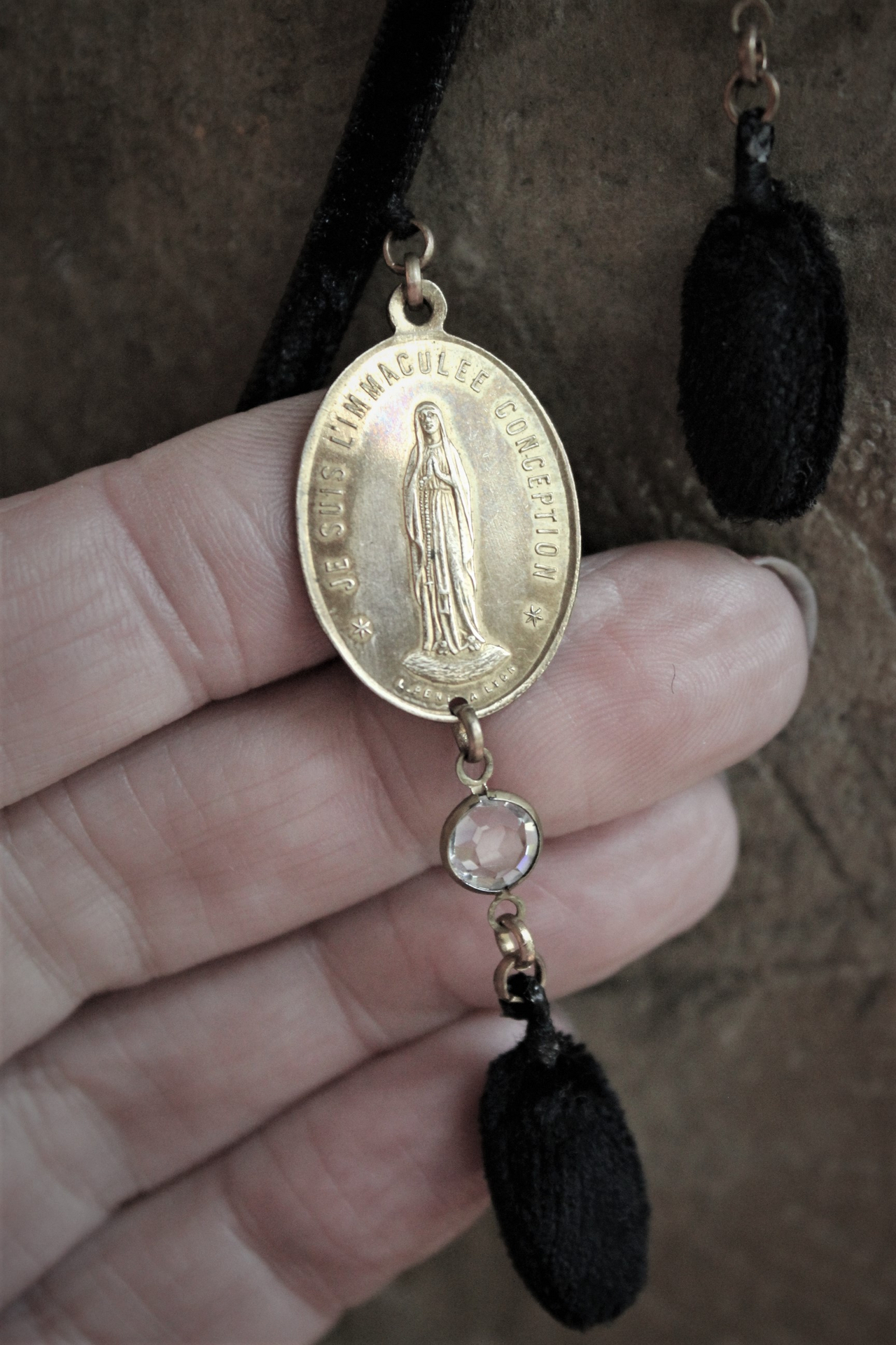 Antique French Engraved St. Anthony of Padua Ex Voto Heart Locket Necklace w/Antique Black Silk Velvet Chain and Oval Poms,Antique French Medals,Bezel Set Faceted Crystal Connectors