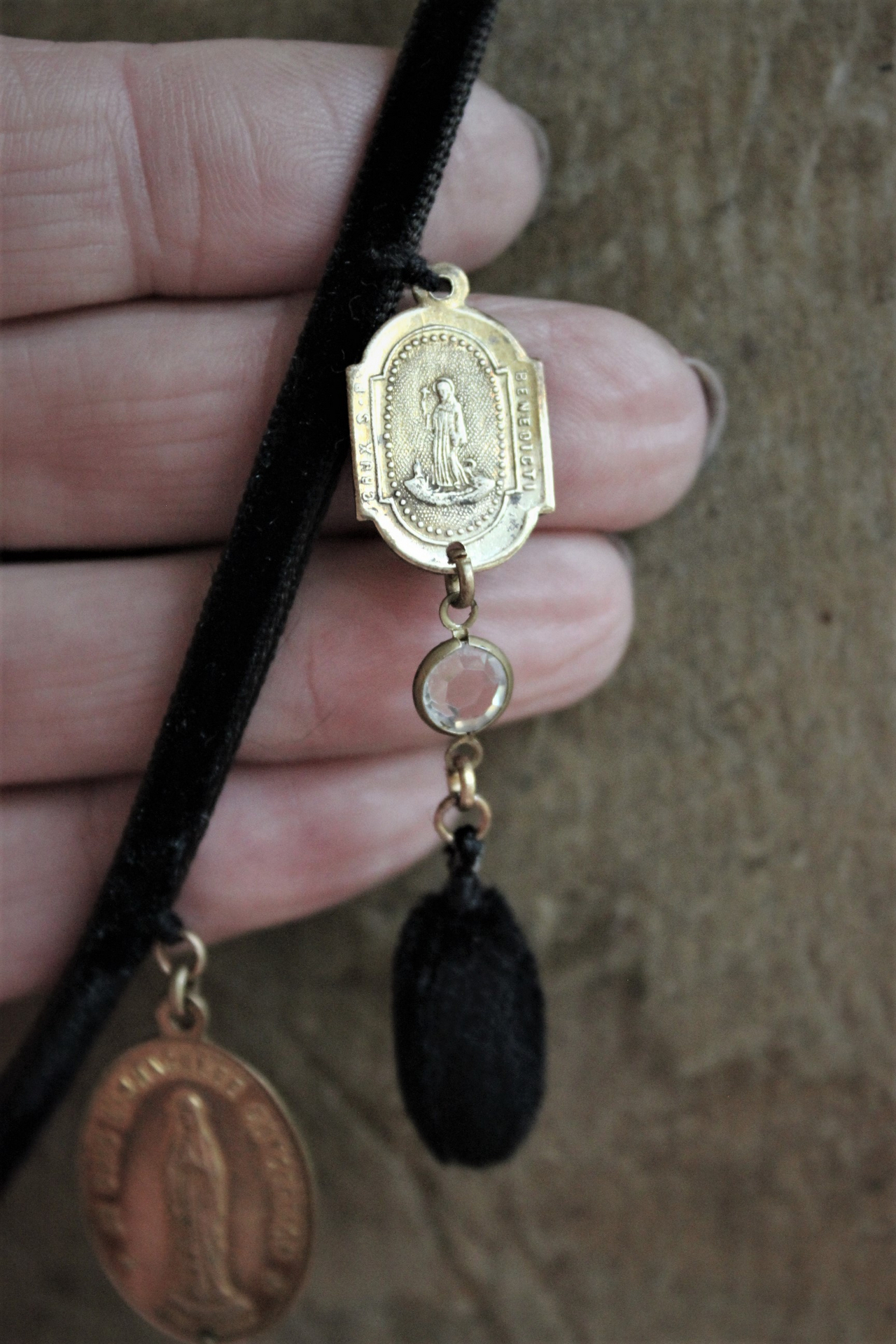 Antique French Engraved St. Anthony of Padua Ex Voto Heart Locket Necklace w/Antique Black Silk Velvet Chain and Oval Poms,Antique French Medals,Bezel Set Faceted Crystal Connectors