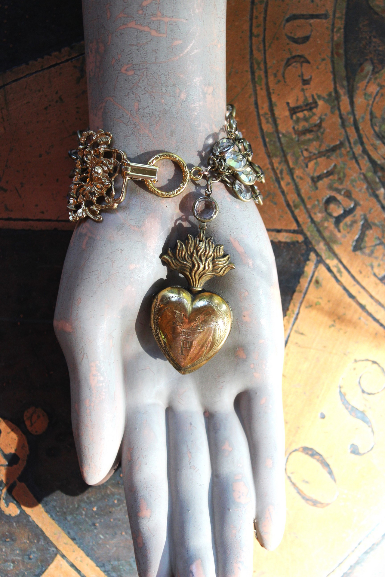 The Wisdom Bracelet with Petit Antique French Engraved St. Anthony of Padua Ex Voto Heart Locket,Vintage Bezel Set Flat Faceted Crystal Chain,Unique Clasp