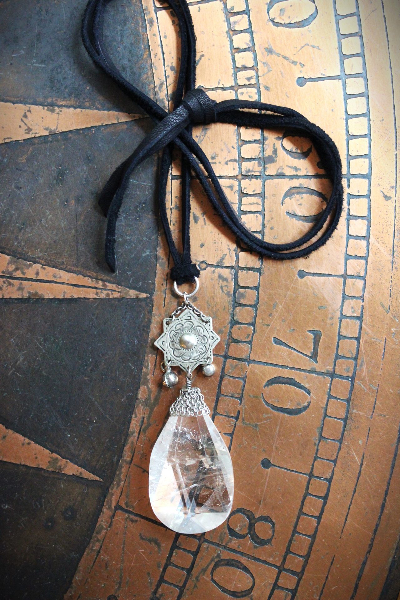 The Truth Necklace with Amazing Faceted Rock Quartz Tear Drop, Engraved 8 Point Star Connector, Butter Soft Black Suede Leather Ties