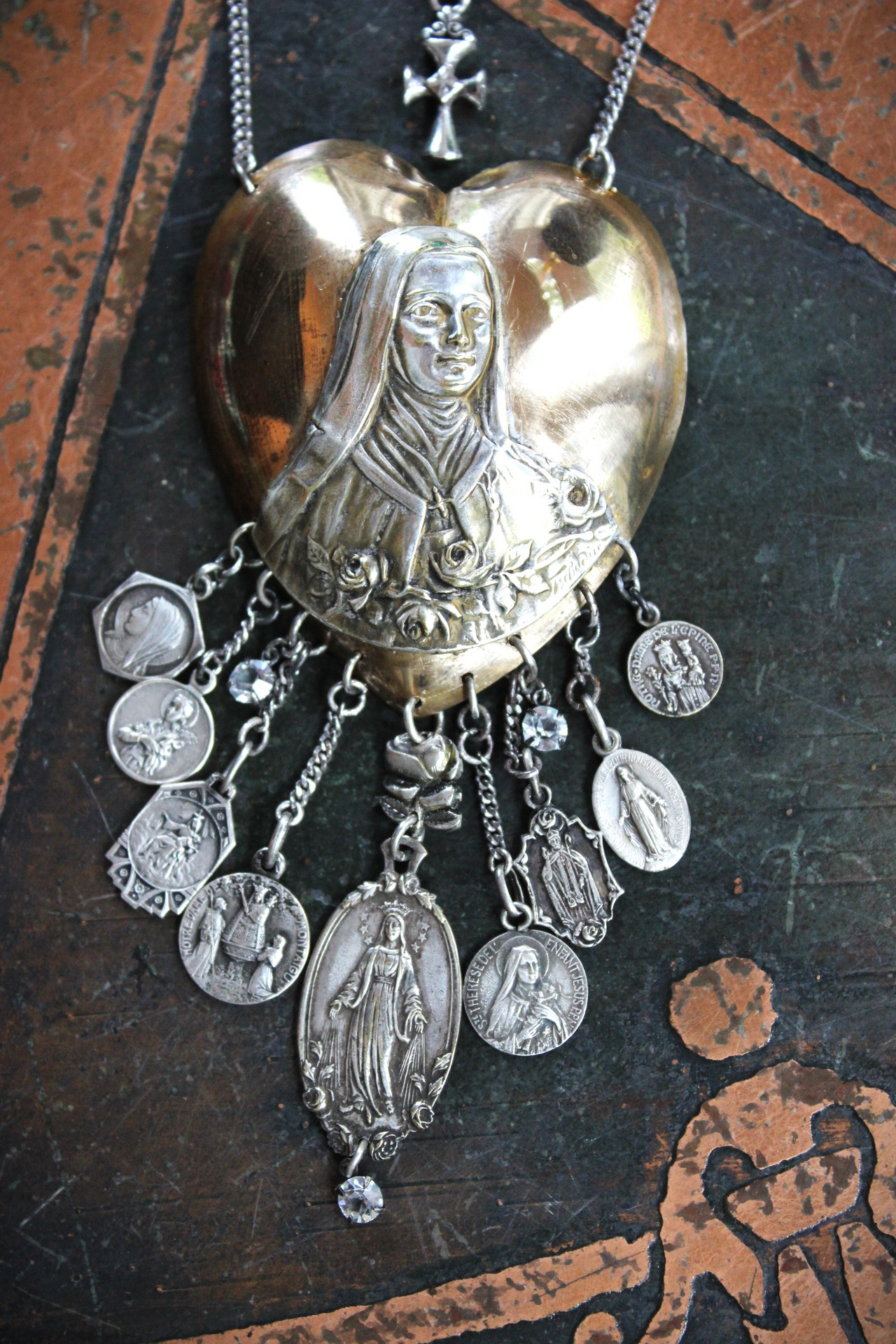 Heart of St. Therese Necklace with Antique French Medals, Antique Art Deco Faceted Crystal Drops,Antique Chain