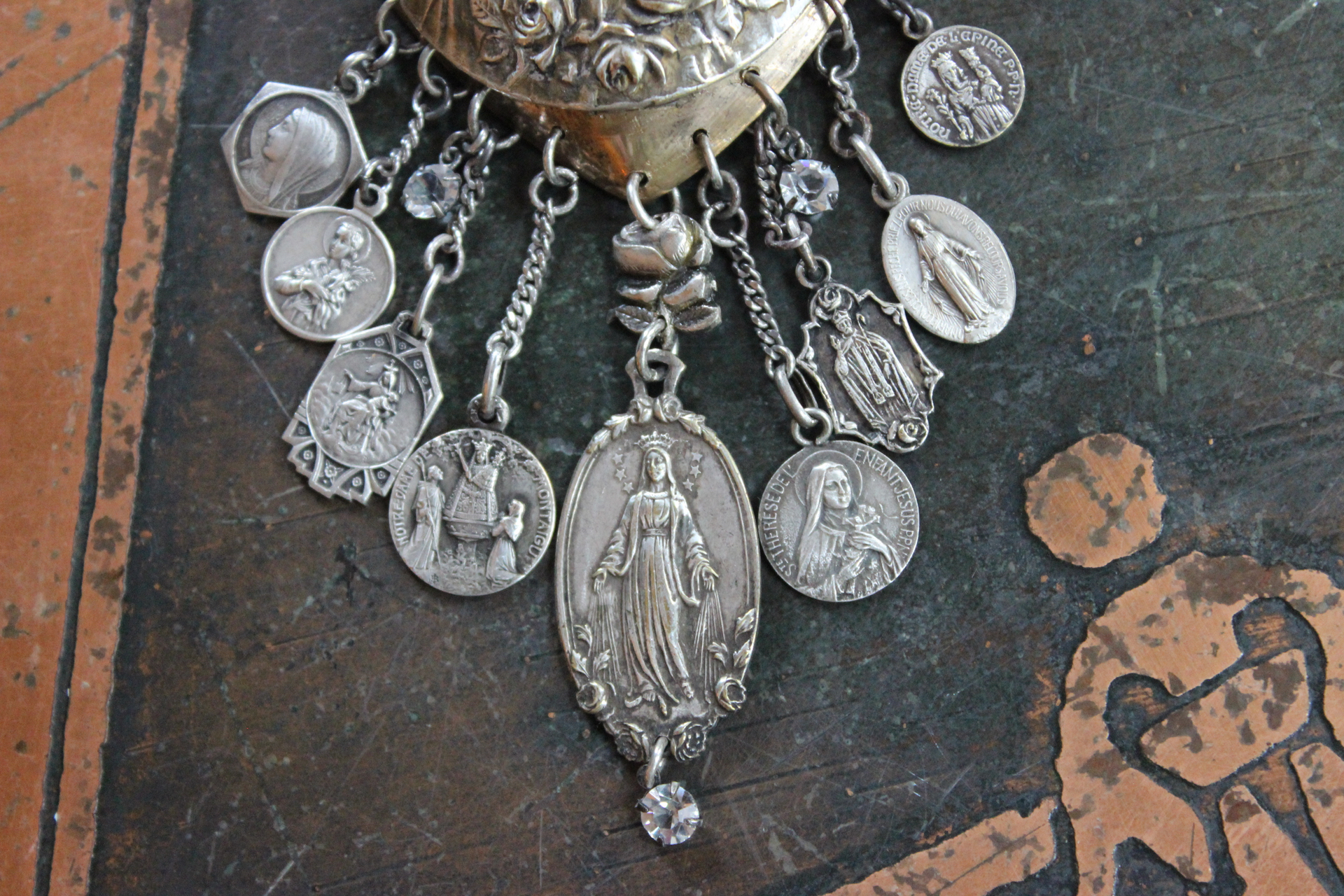 Heart of St. Therese Necklace with Antique French Medals, Antique Art Deco Faceted Crystal Drops,Antique Chain