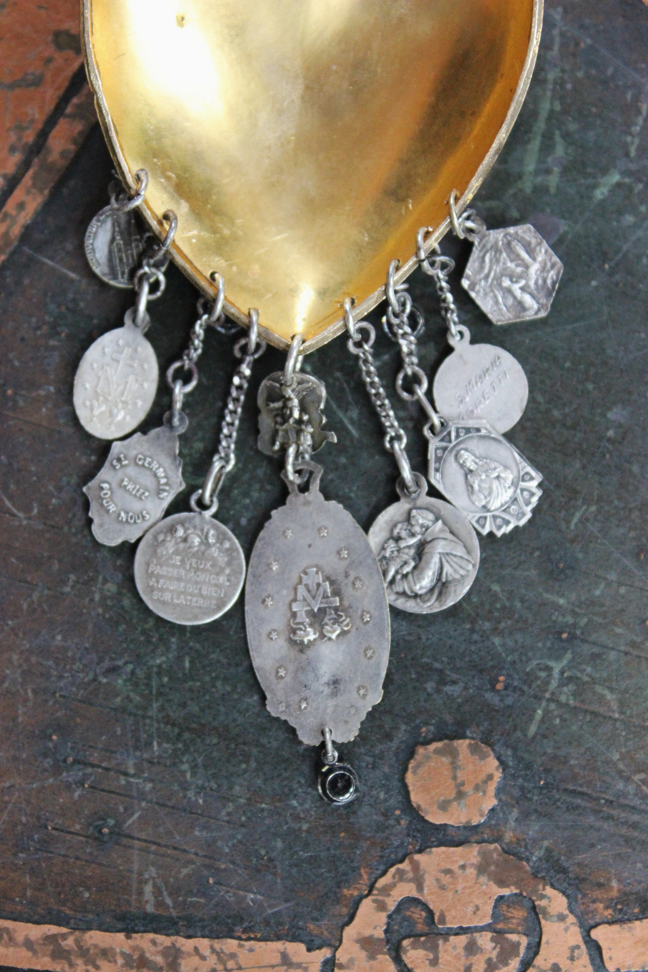 Heart of St. Therese Necklace with Antique French Medals, Antique Art Deco Faceted Crystal Drops,Antique Chain