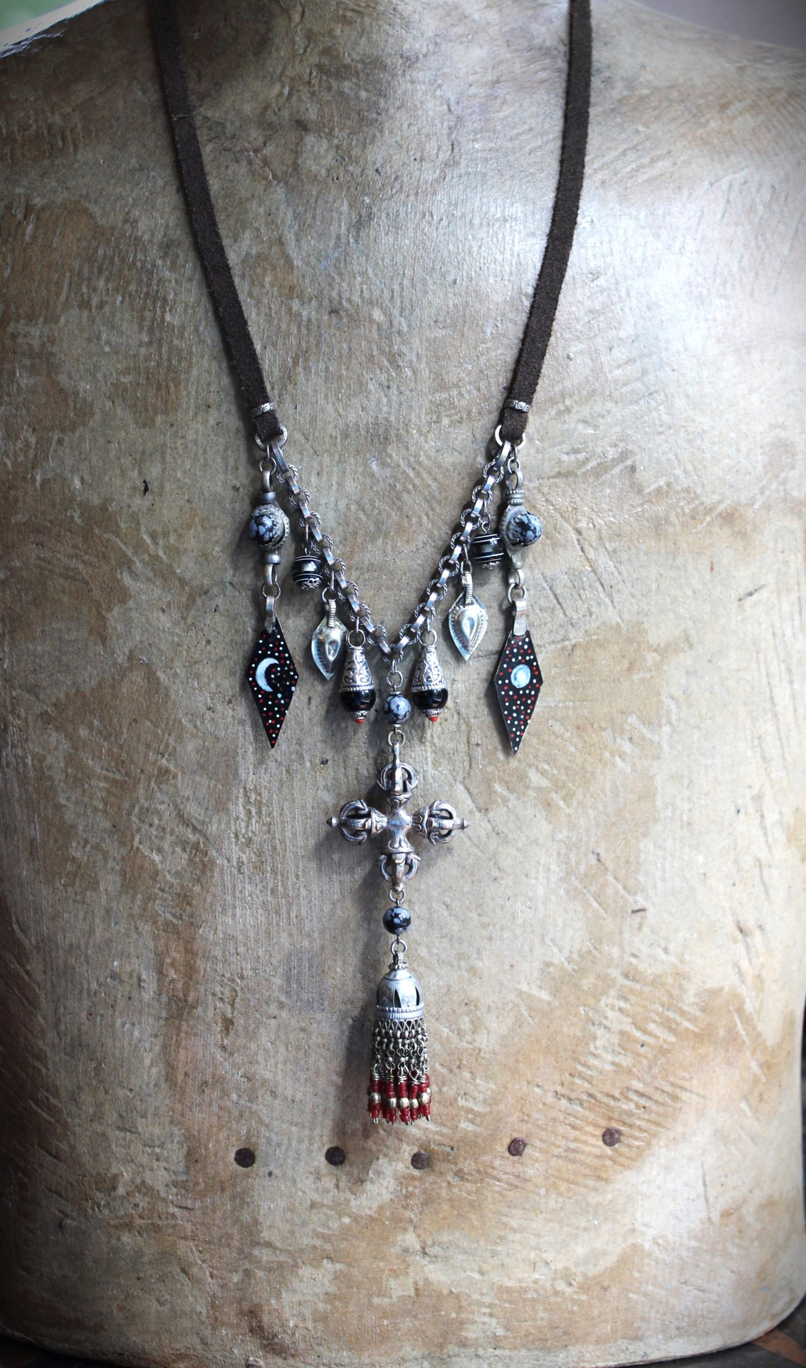 The Power of Enlightenment Necklace with Silver Double Vajra, Antique Kuchi Tassel and Findings, Painted Moon & Stars Drops and Leather Ties