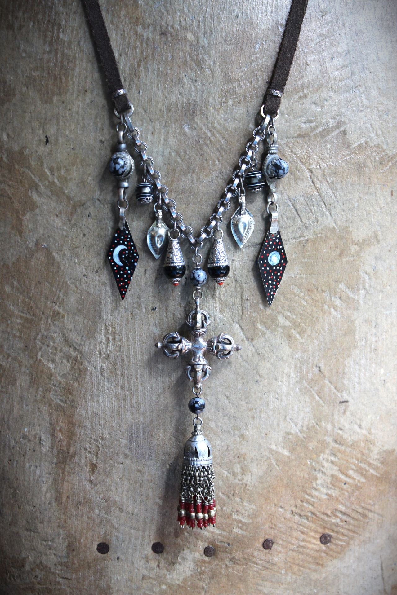 The Power of Enlightenment Necklace with Silver Double Vajra, Antique Kuchi Tassel and Findings, Painted Moon & Stars Drops and Leather Ties