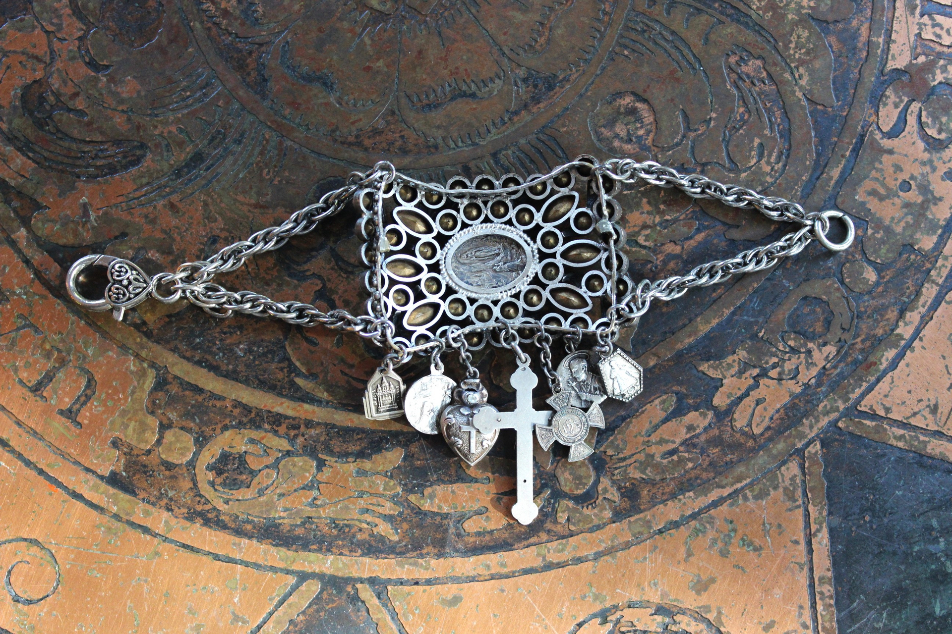 Antique Faceted Paste Bracelet with Antique French Crucifix,Rare Antique French Sterling Puffy Heart,Antique French Sterling Crucifix and More!