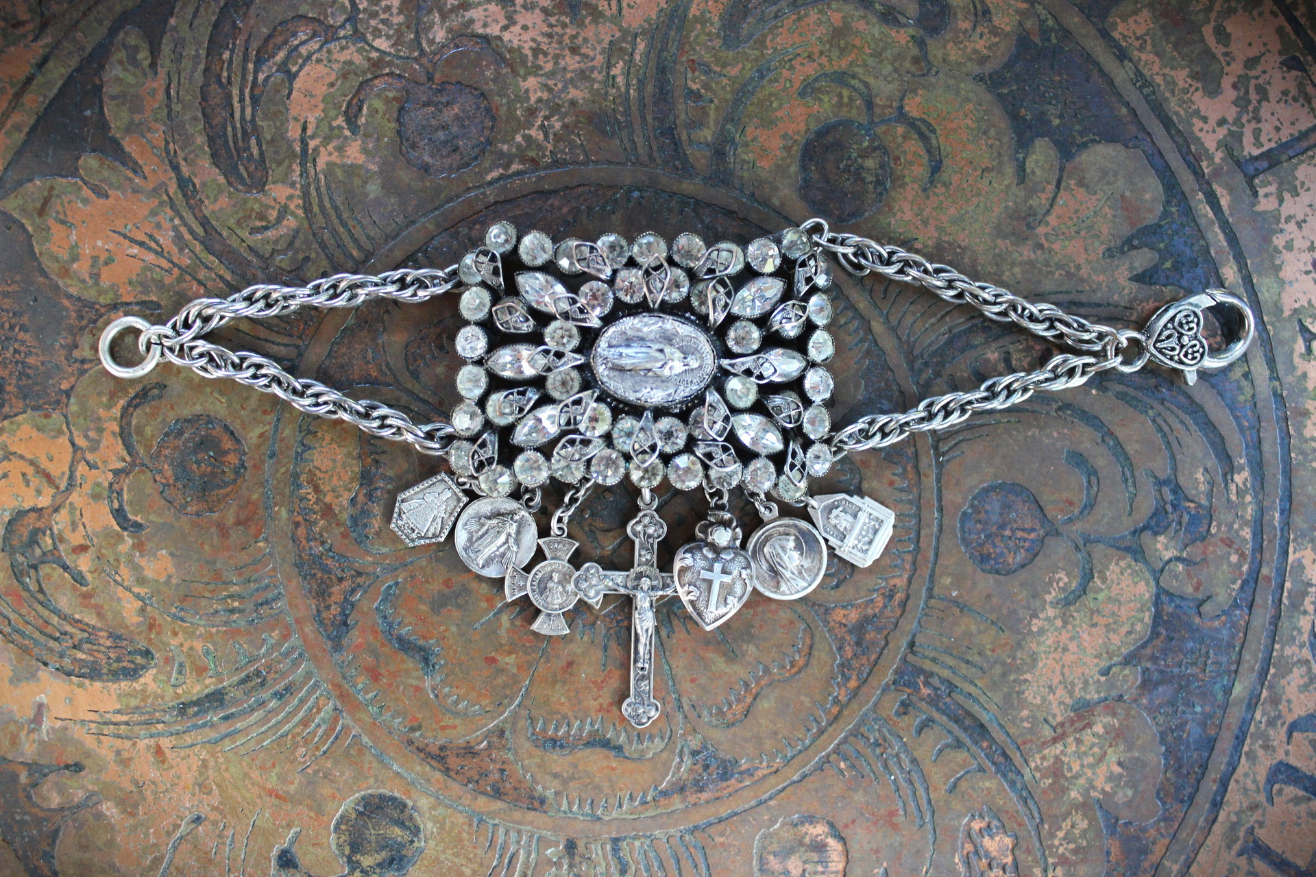 Antique Faceted Paste Bracelet with Antique French Crucifix,Rare Antique French Sterling Puffy Heart,Antique French Sterling Crucifix and More!