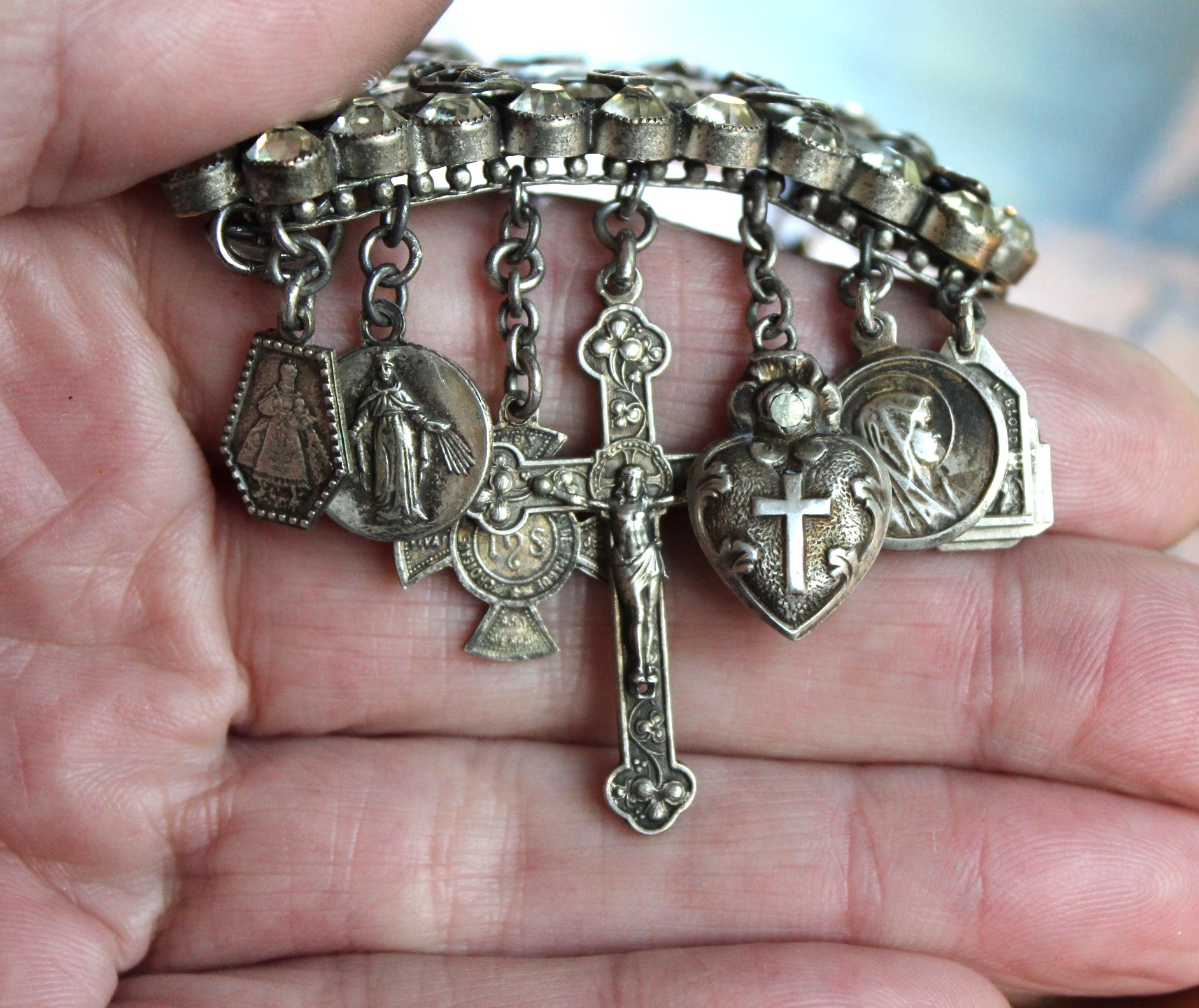 Antique Faceted Paste Bracelet with Antique French Crucifix,Rare Antique French Sterling Puffy Heart,Antique French Sterling Crucifix and More!