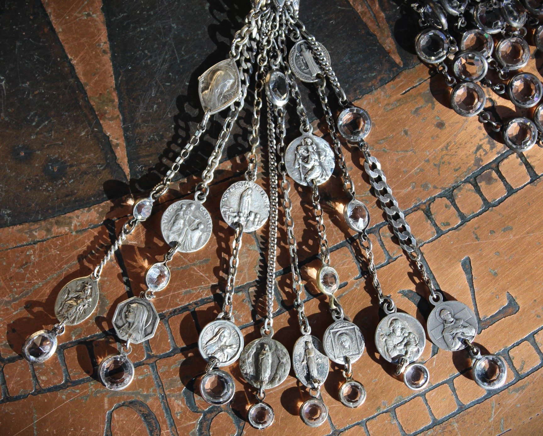 Ave Maria Tassel Necklace with 8 Strand Antique French Medals, Multiple Chain Fragments and Faceted Crystals