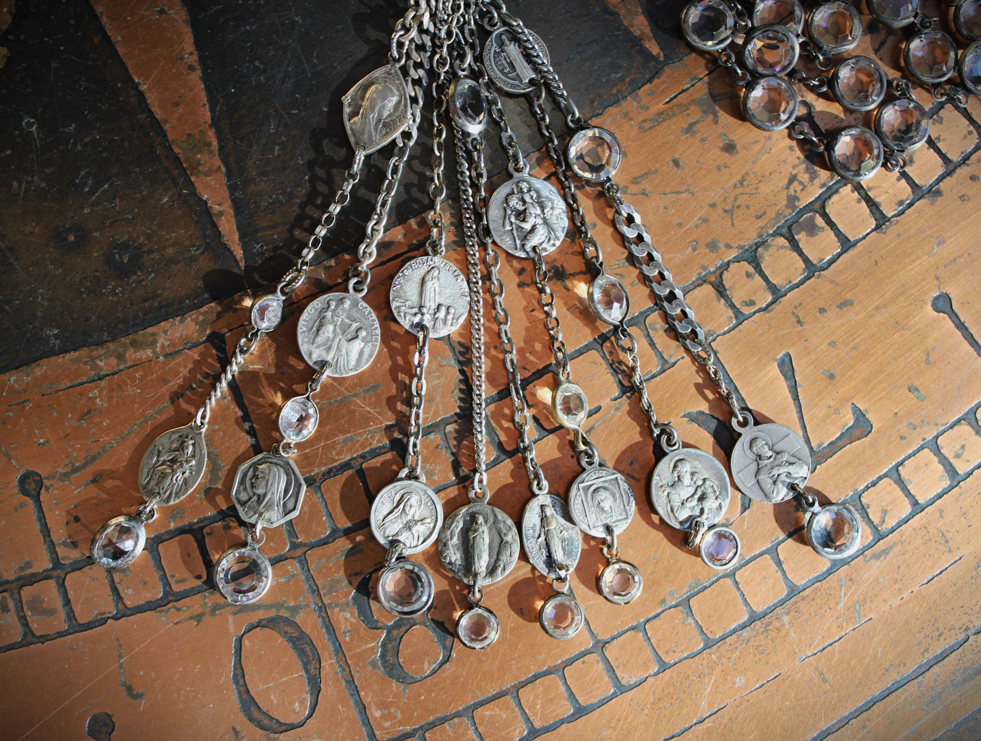 Ave Maria Tassel Necklace with 8 Strand Antique French Medals, Multiple Chain Fragments and Faceted Crystals