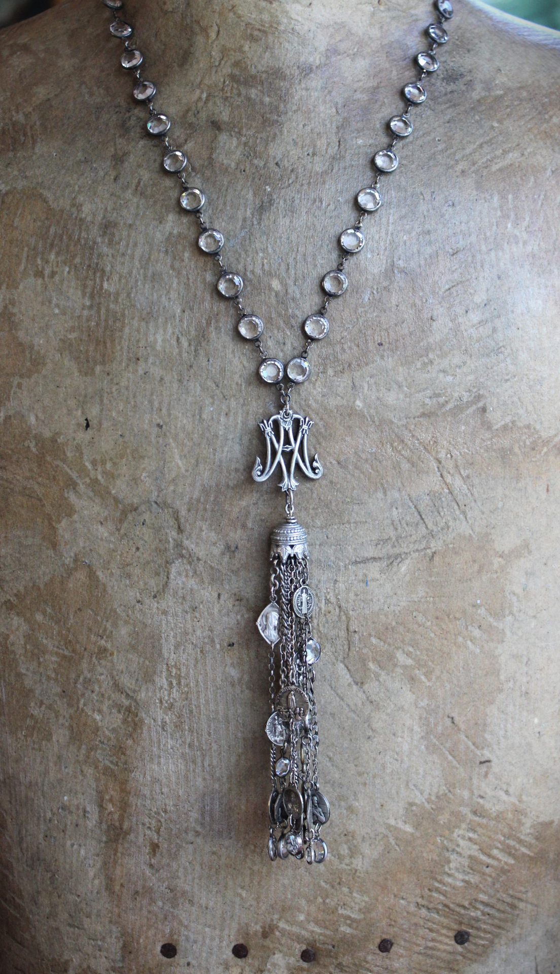 Ave Maria Tassel Necklace with 8 Strand Antique French Medals, Multiple Chain Fragments and Faceted Crystals