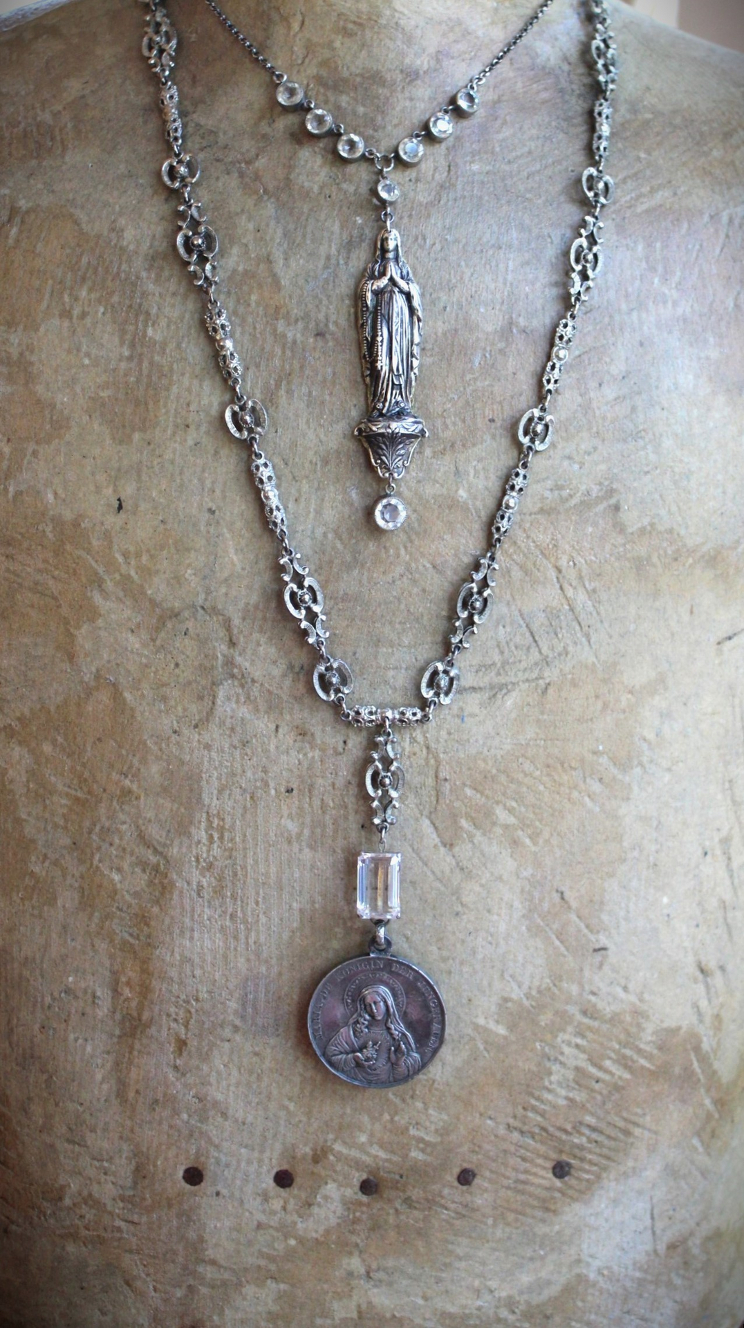 NEW! Antique French Benetier Marian Pendant Necklace with Antique Bezel Set Faceted Crystal and Sterling Rolo Chain