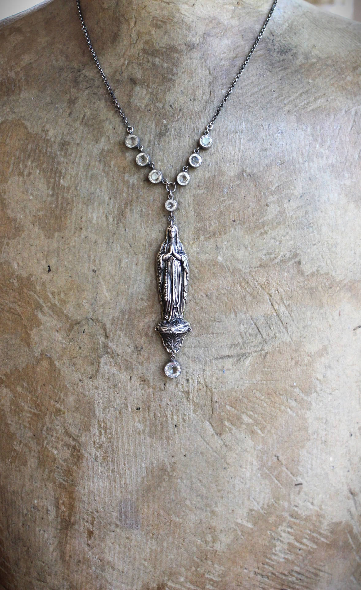 NEW! Antique French Benetier Marian Pendant Necklace with Antique Bezel Set Faceted Crystal and Sterling Rolo Chain