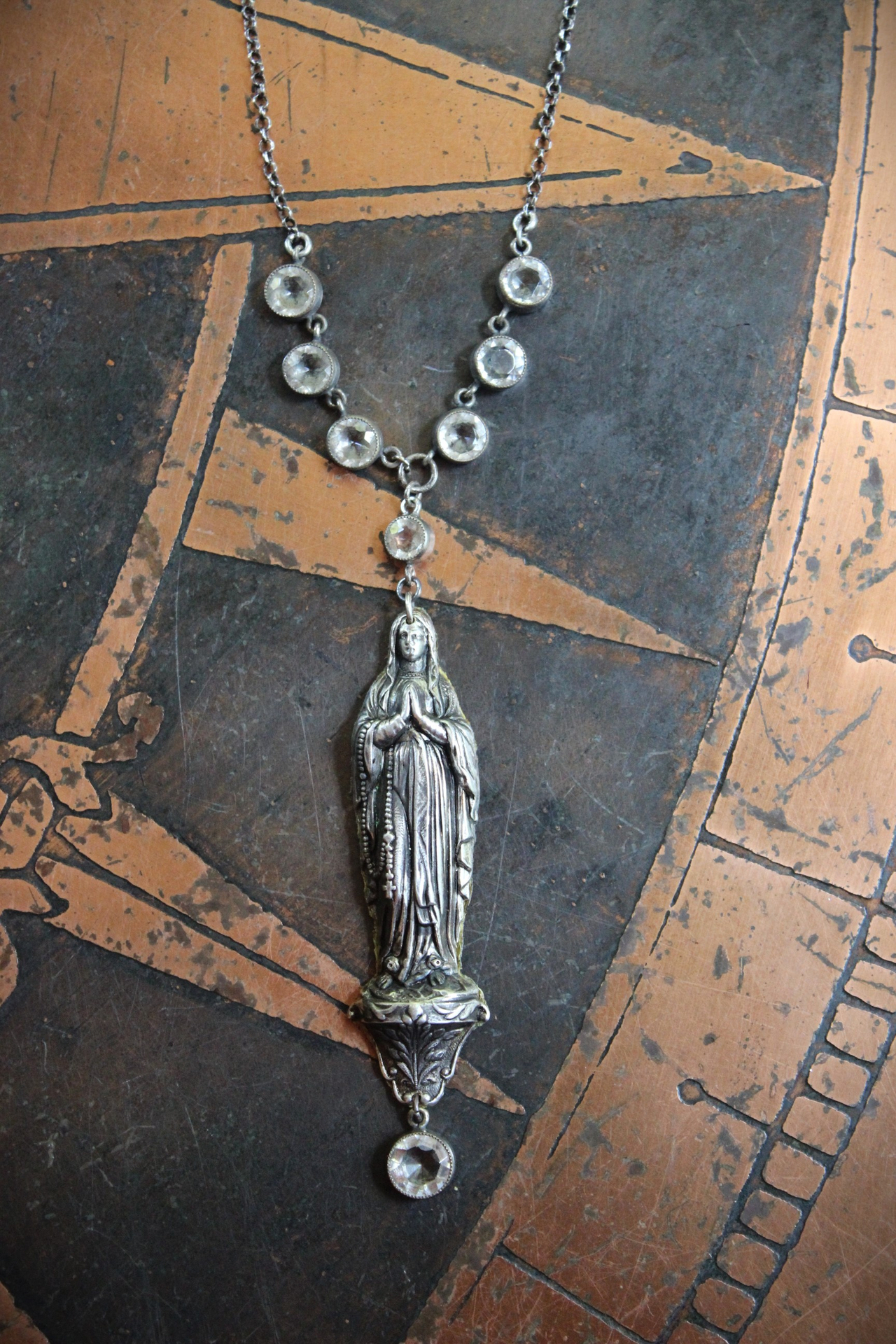 NEW! Antique French Benetier Marian Pendant Necklace with Antique Bezel Set Faceted Crystal and Sterling Rolo Chain