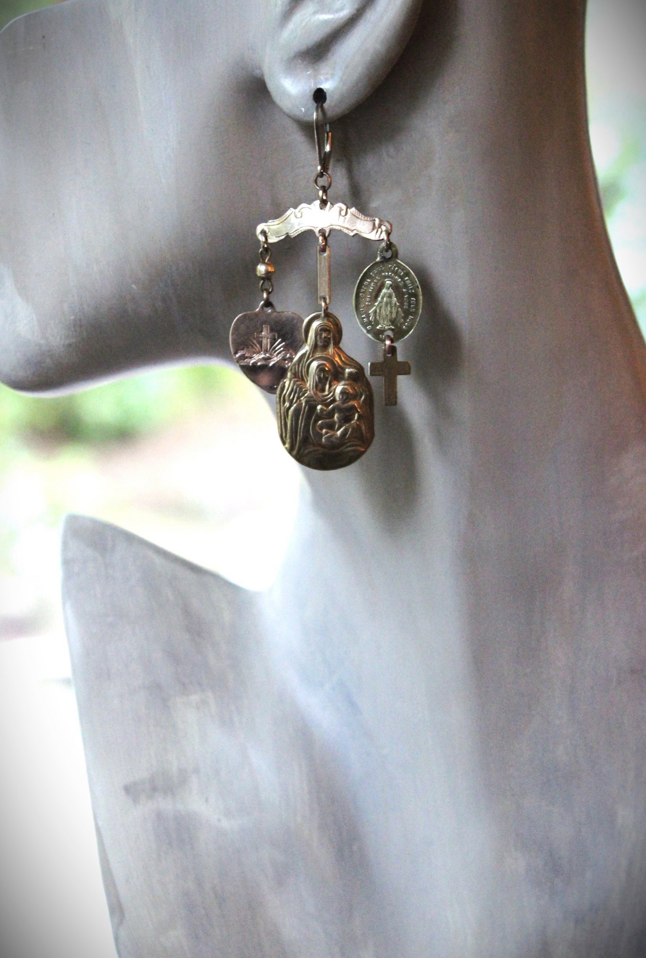 Asymmetrical Earrings with Petit Antique French Ex Voto Locket, Antique Engraved Witches Heart,Generations of Christ Finding & More!