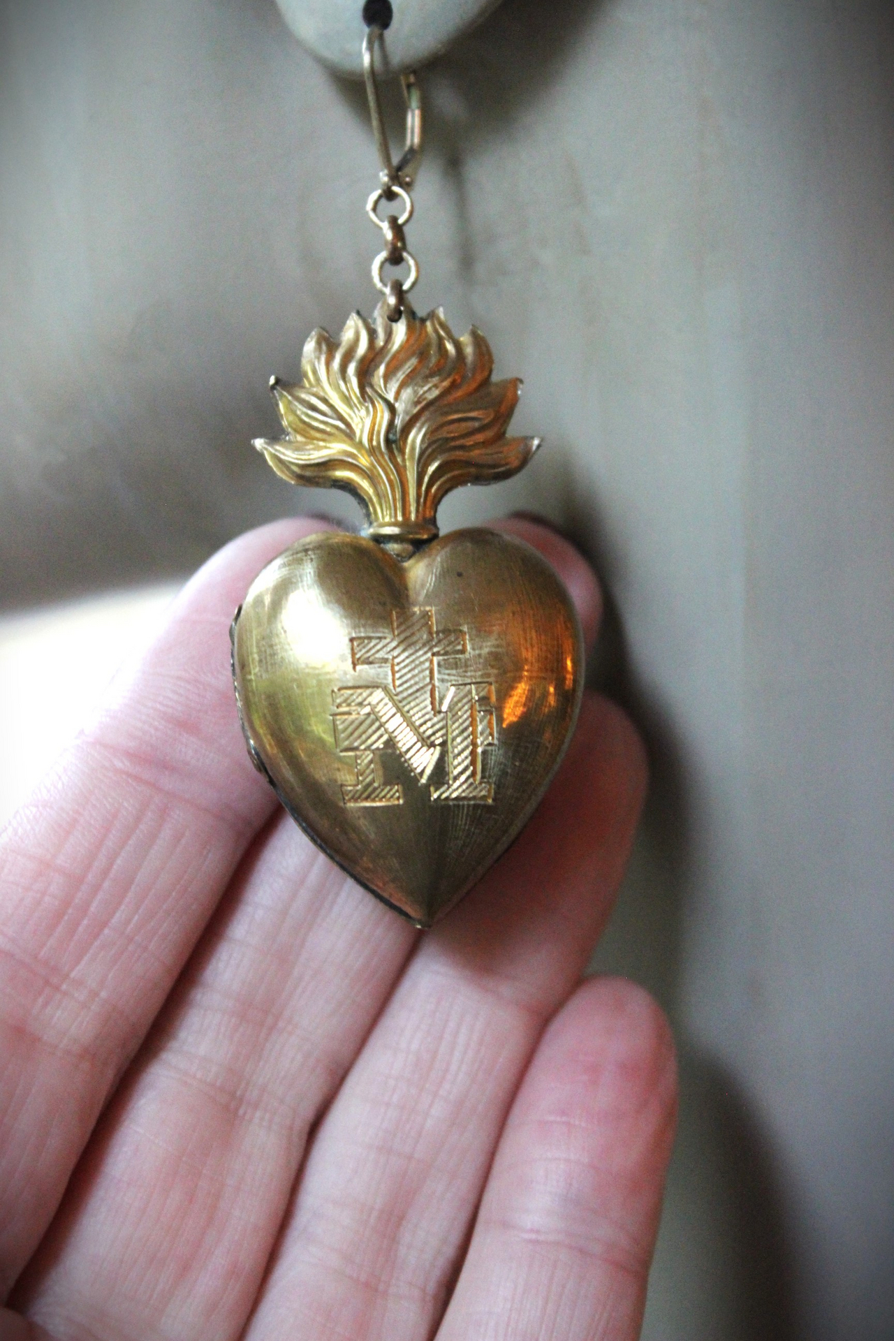 Asymmetrical Earrings with Petit Antique French Ex Voto Locket, Antique Engraved Witches Heart,Generations of Christ Finding & More!