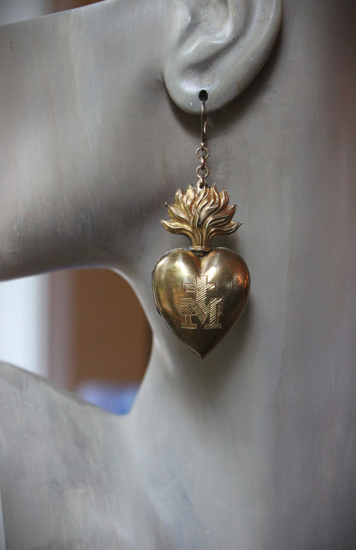 Asymmetrical Earrings with Petit Antique French Ex Voto Locket, Antique Engraved Witches Heart,Generations of Christ Finding & More!