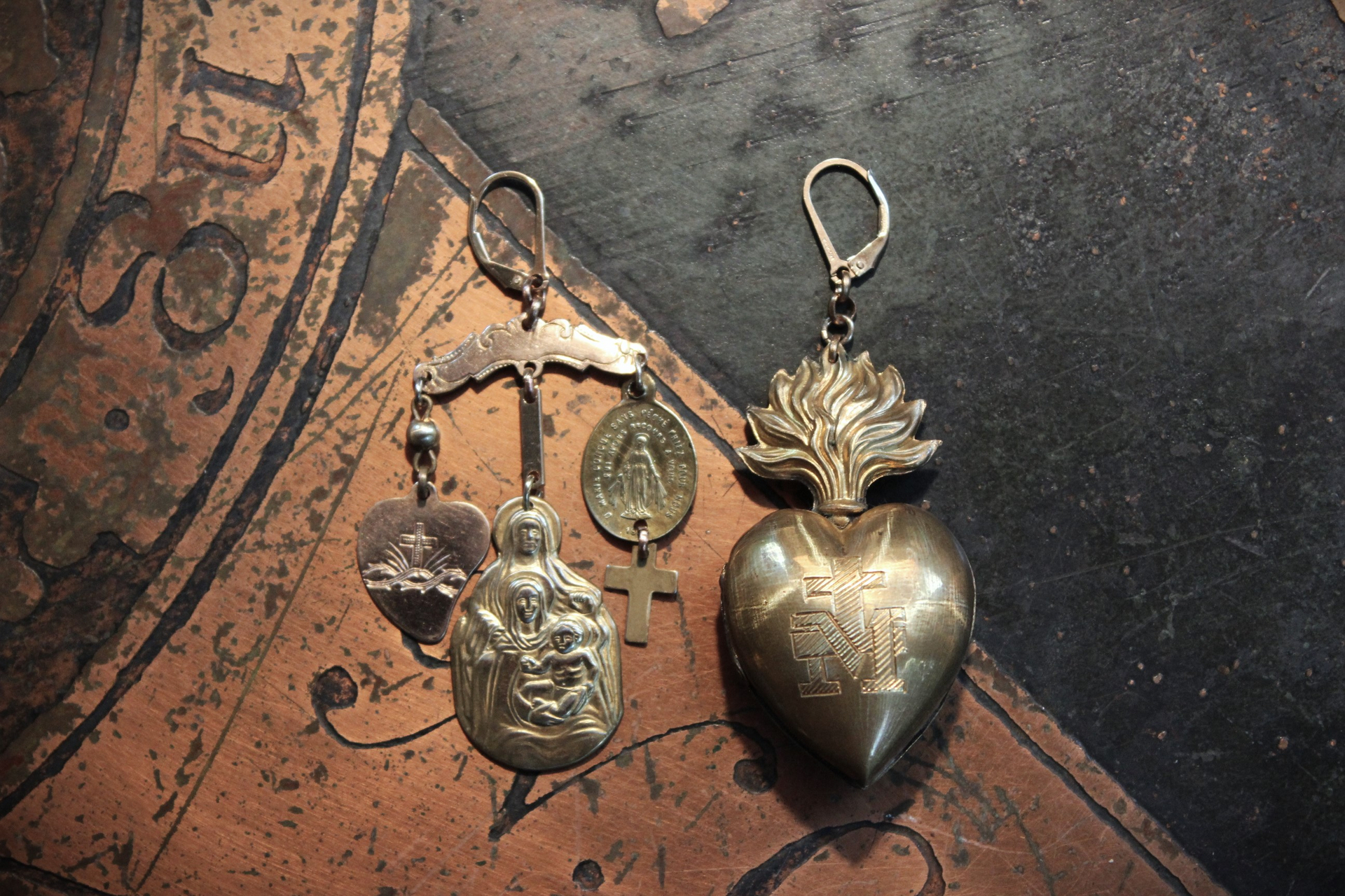 Asymmetrical Earrings with Petit Antique French Ex Voto Locket, Antique Engraved Witches Heart,Generations of Christ Finding & More!