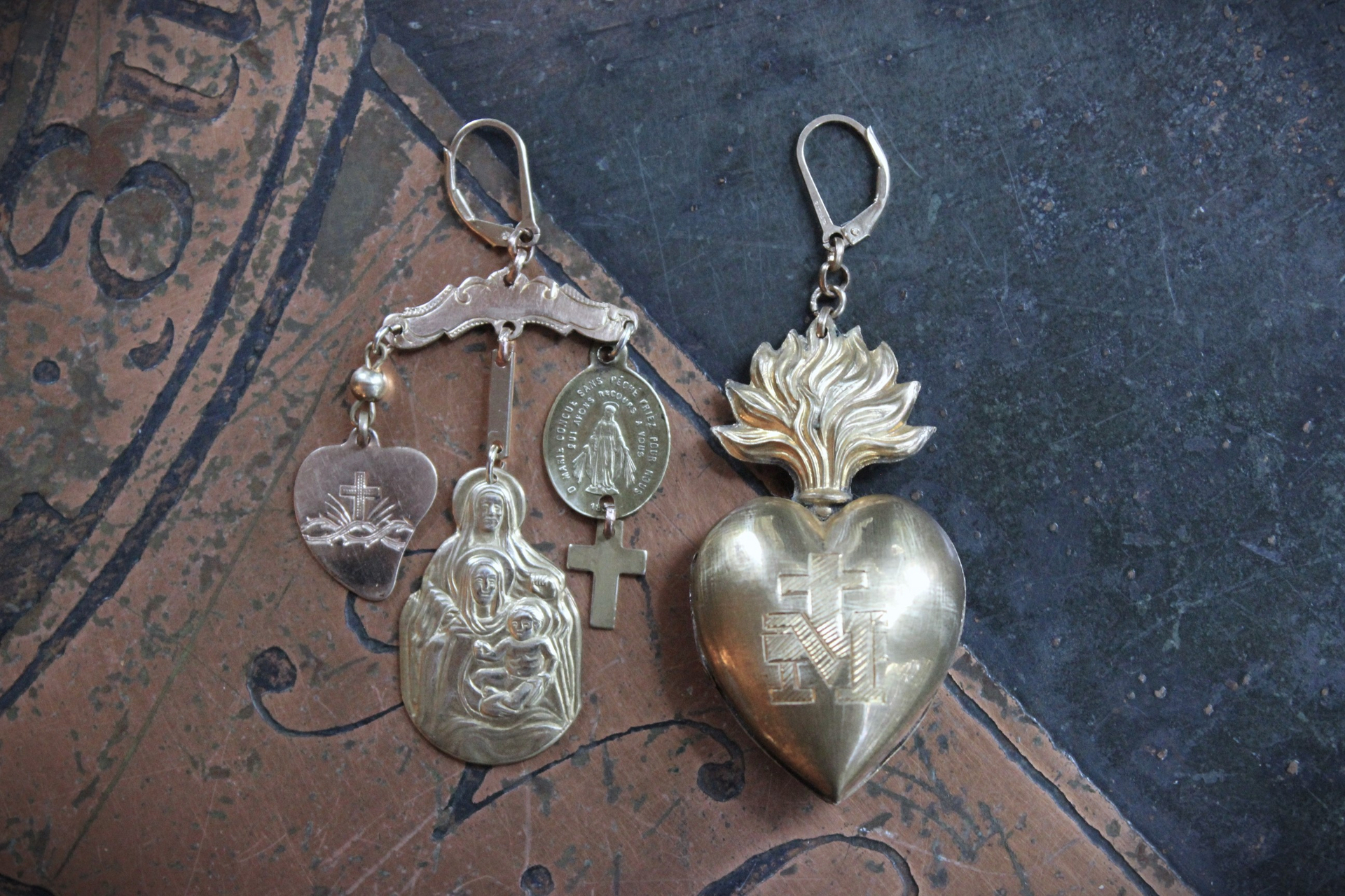 Asymmetrical Earrings with Petit Antique French Ex Voto Locket, Antique Engraved Witches Heart,Generations of Christ Finding & More!