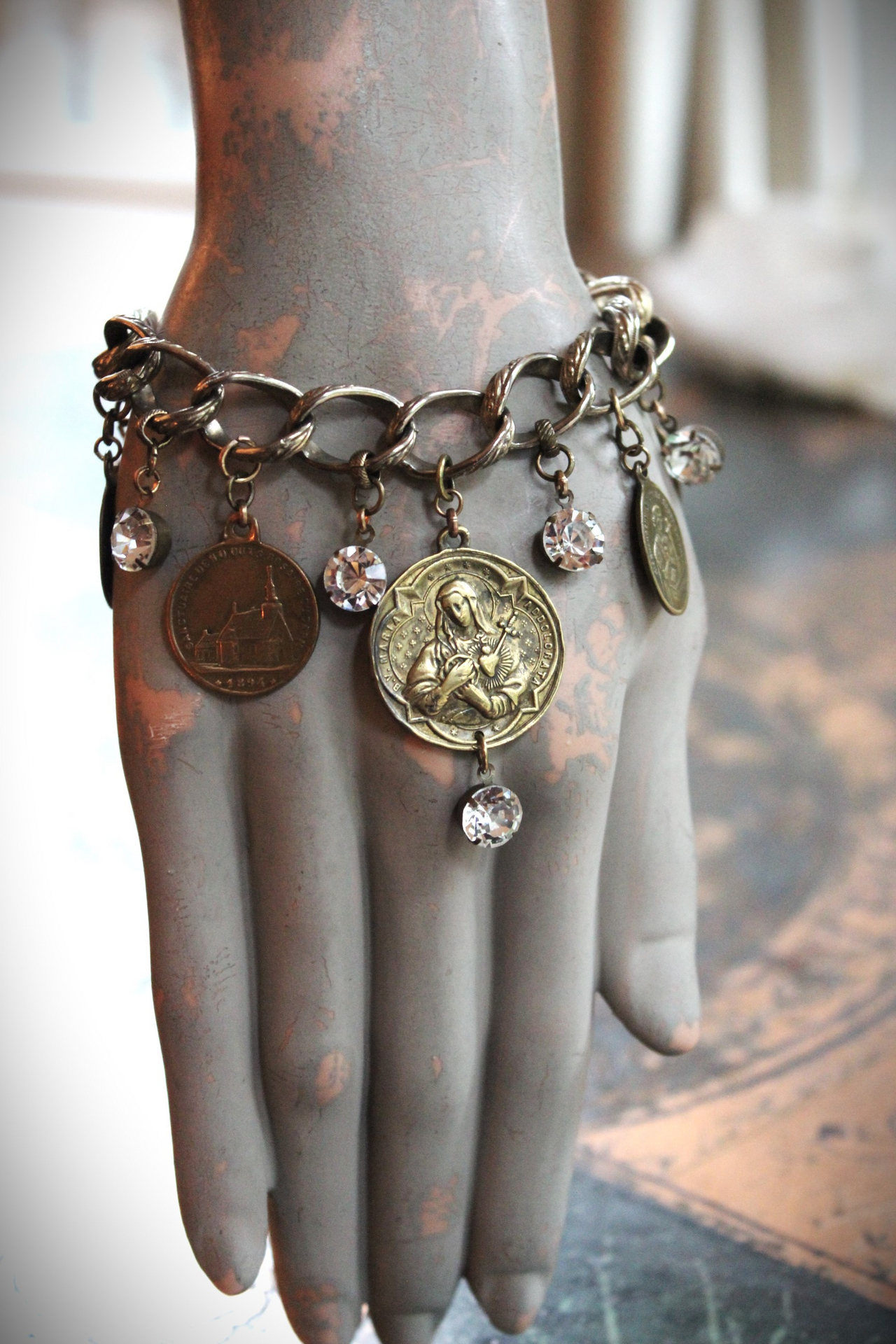 Antique Embossed Link Charm Bracelet Set with Antique French Medals and Cup Set Faceted Rhinestone Drops