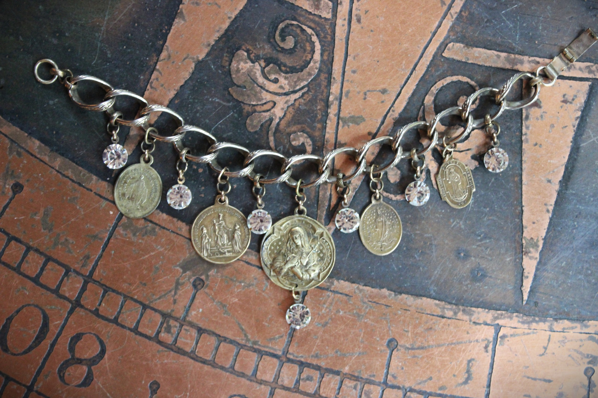 Antique Embossed Link Charm Bracelet Set with Antique French Medals and Cup Set Faceted Rhinestone Drops