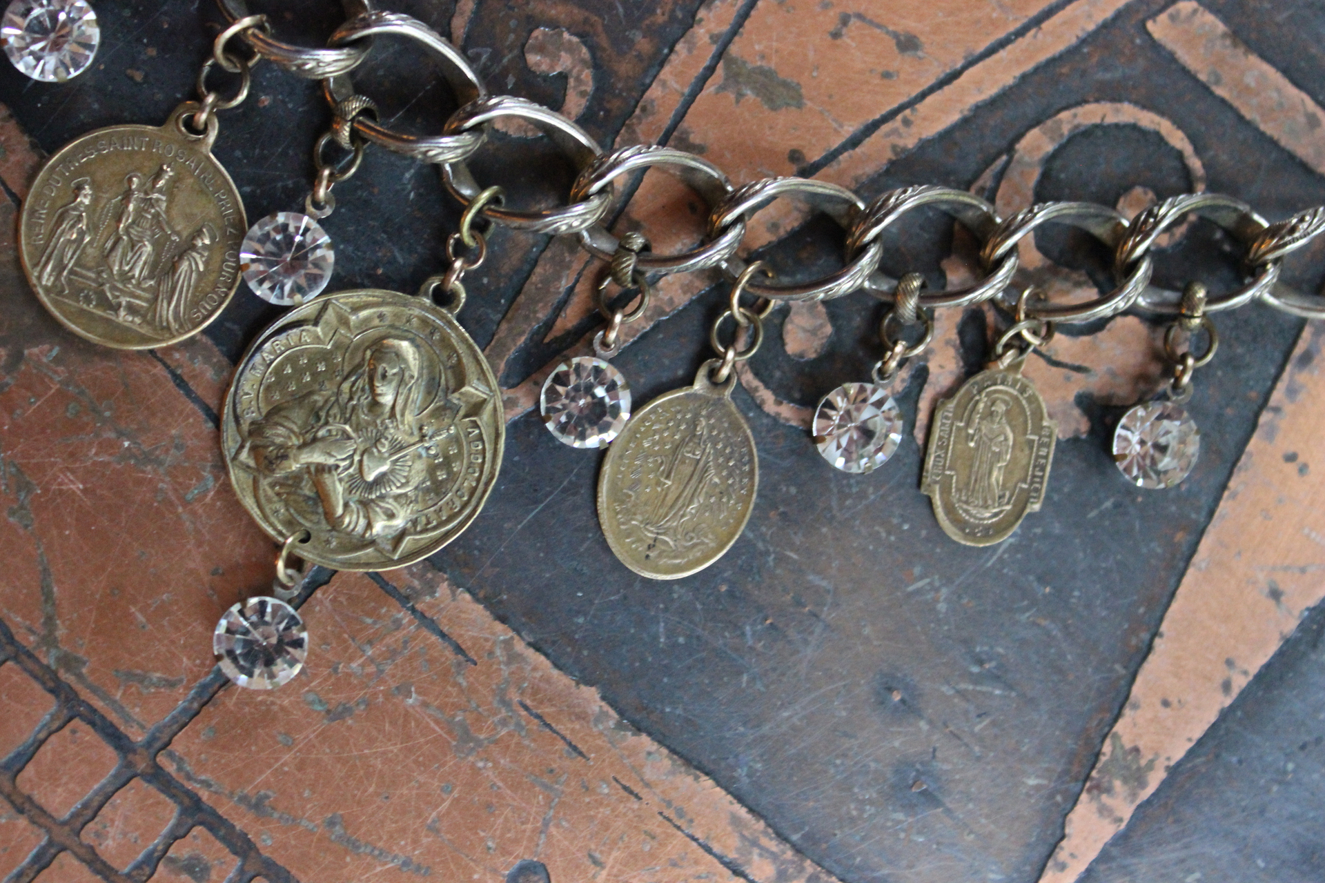 Antique Embossed Link Charm Bracelet Set with Antique French Medals and Cup Set Faceted Rhinestone Drops