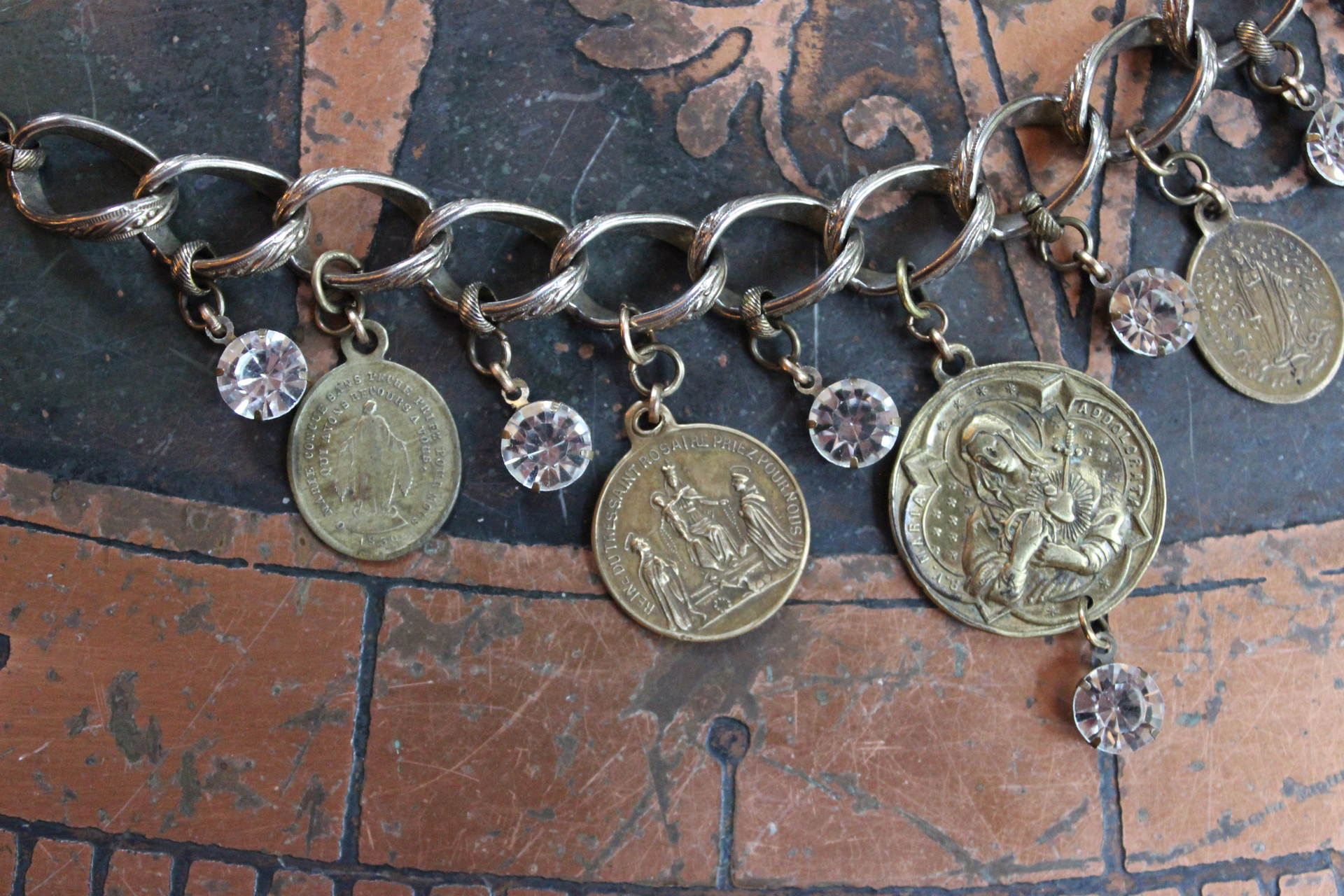 Antique Embossed Link Charm Bracelet Set with Antique French Medals and Cup Set Faceted Rhinestone Drops