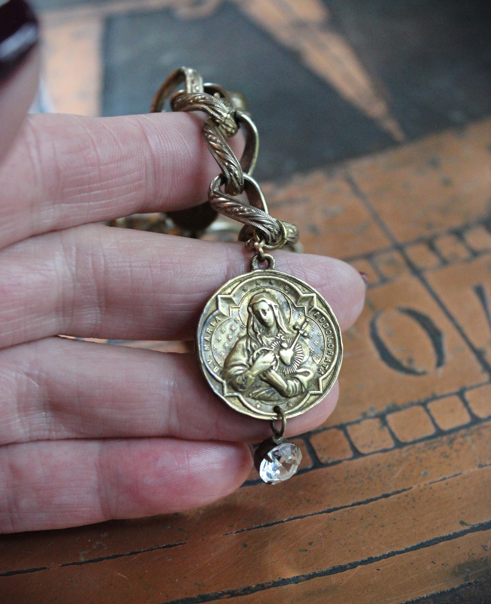 Antique Embossed Link Charm Bracelet Set with Antique French Medals and Cup Set Faceted Rhinestone Drops